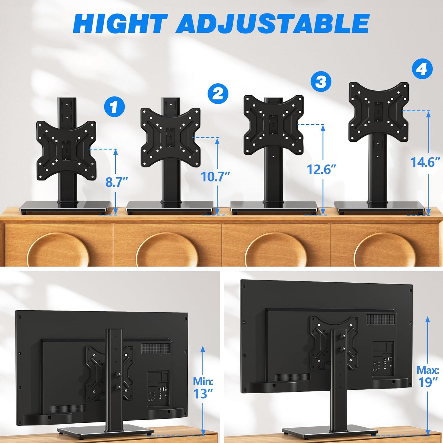 Rfiver Universal Swivel Tabletop TV Stand for Flat Screens 23 24 26 32 39 40 42 43 Inch, Heavy Duty Center Pedestal Stand Replacement with Black Tempered Glass Base and Height Adjustable Mount