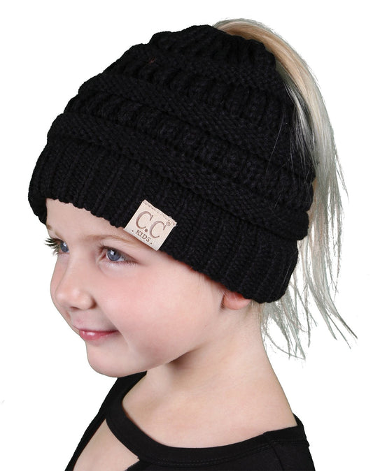 Funky Junque Kids Messy Bun Ponytail Winter Knit Hat Girls Beanie Tail - Black