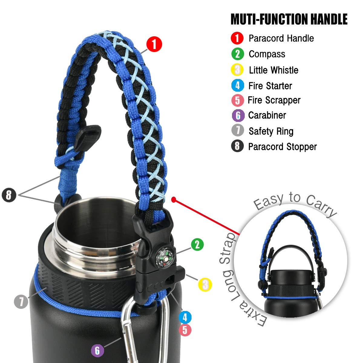 QeeCord 2.0 Paracord Handle for Hydroflask 2.0 Wide & Standard Mouth Water Bottles Strap Carrier with New Safety Ring Holder, 12oz - 64oz (32 oz-40 oz Wide Mouth, Blue/Compass+Whistle+Fire Starter)
