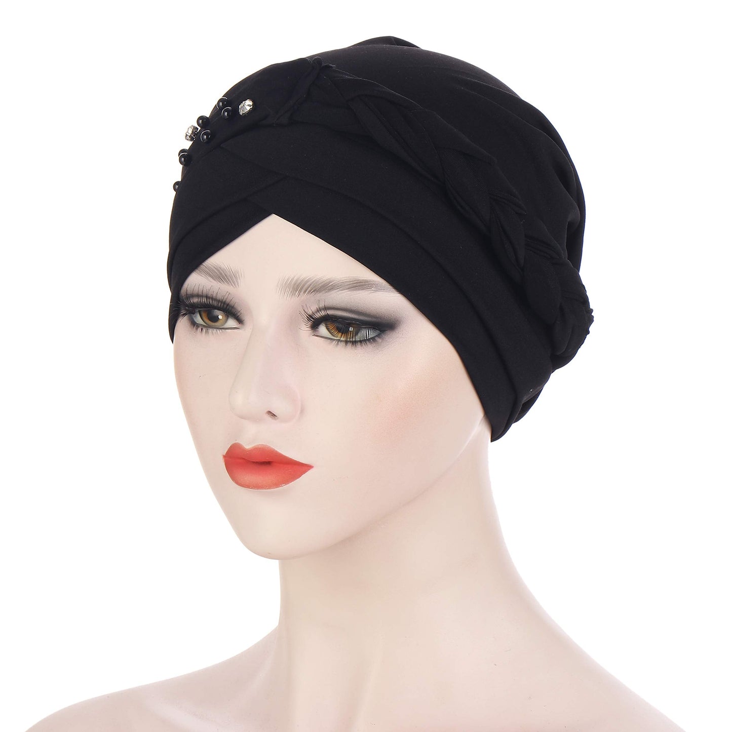 beauty YFJH Women Hijab Beading Pre-Tied Twisted Braid Turban Hat Head Scarf Cancer Chemo Beanies Headwear Headwrap Cap (Black)