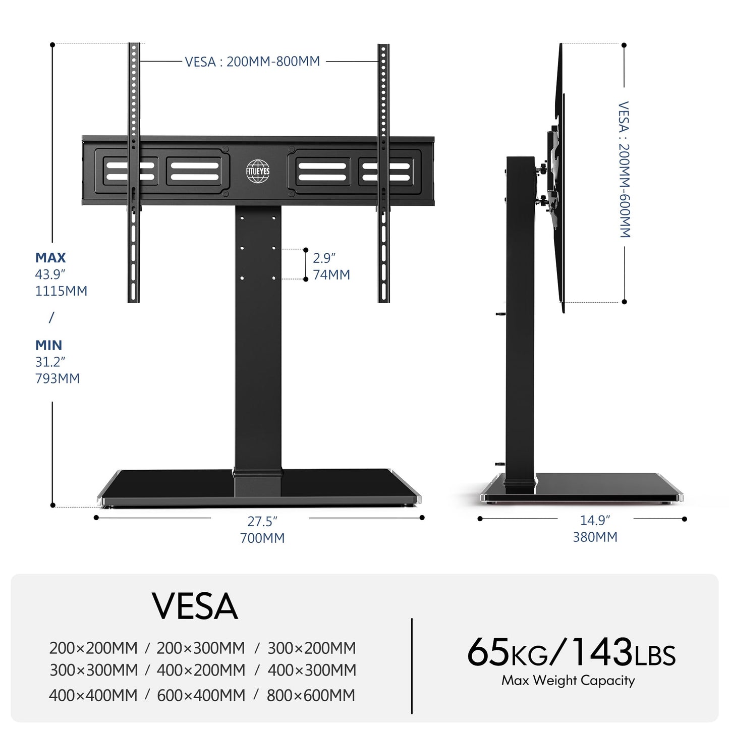 FITUEYES Universal TV Stand with Swivel Mount for 50-85 inch Flat Screens - Height Adjustable Tempered Glass Base Holds up to 143 lbs