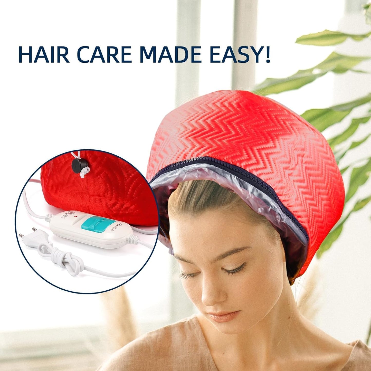 Electric Hair Steamer Cap with Temperature Control, Removable Thermal Hair Care Hat for Home Spa (Red Type)
