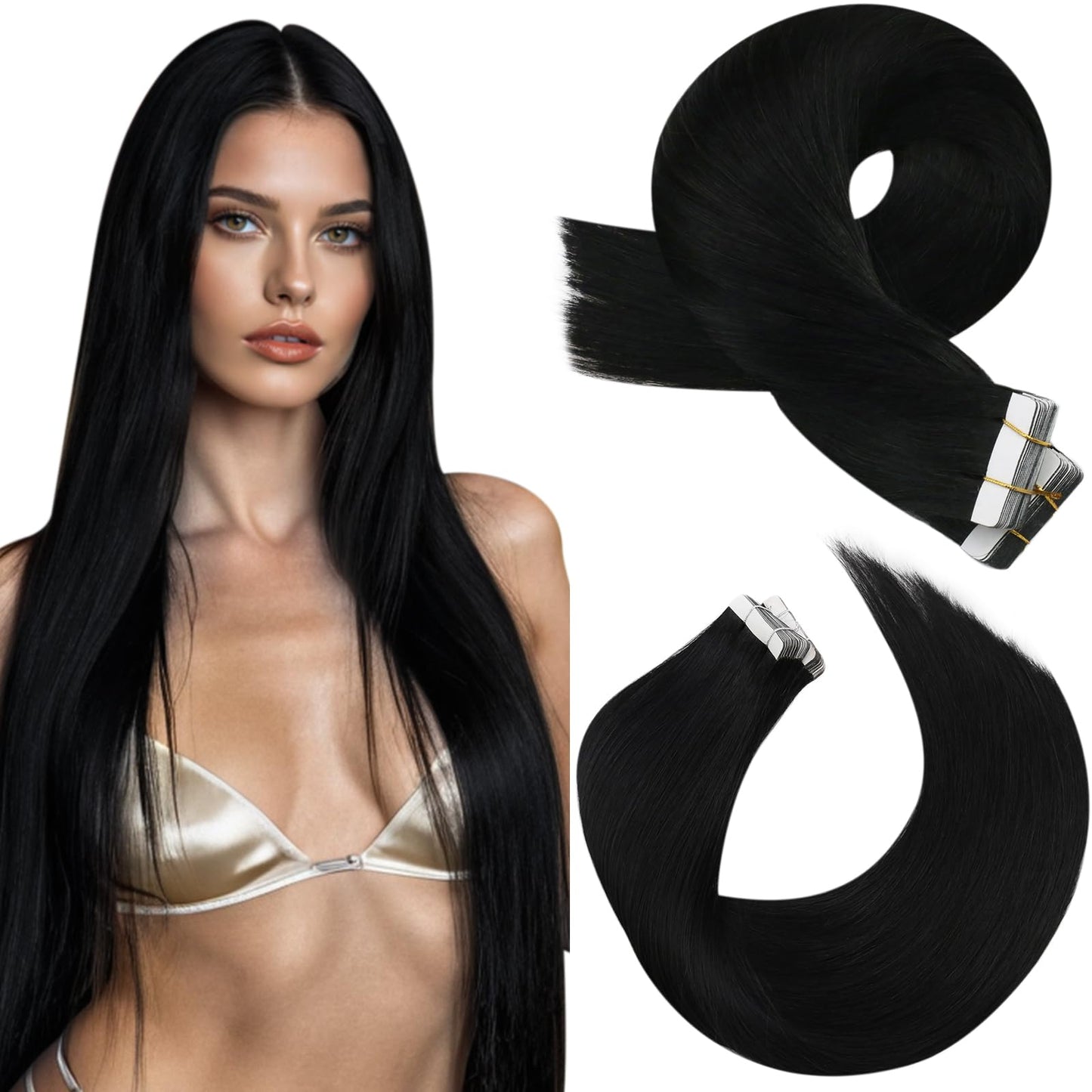 Moresoo Black Tape Hair Extensions 16 Inch Real Hair Tape in Extensions Jet Black Human Hair Extensions Glue in Remy Fashion Hair 20Pcs/50g #1