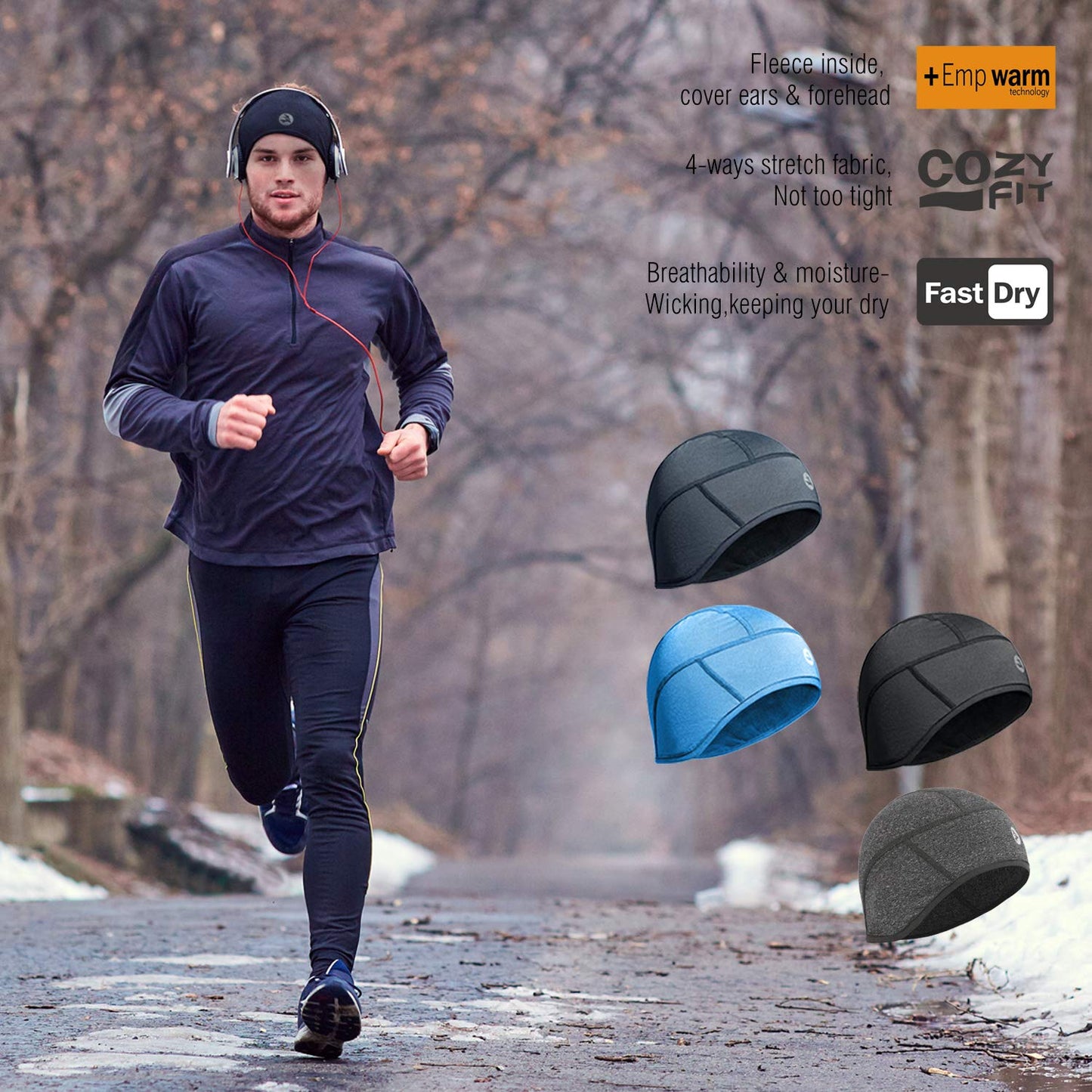 EMPIRELION Winter 6-Panel Helmet Liner Skull Cap Thermal Cycling Cap Running Beanie Hats Ears Warm Moisture Wicking (Grey Melange X 2)