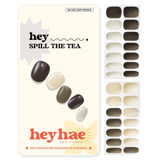 Heyhae Semi Cured Gel Nail Strips | Sun Cured Wraps No LED Lamp Needed - Easy Apply & Remove | Includes 28 Strips, 1 Prep Pad, 1 Nail File & 1 Wooden Stick - Hey, Spill The Tea