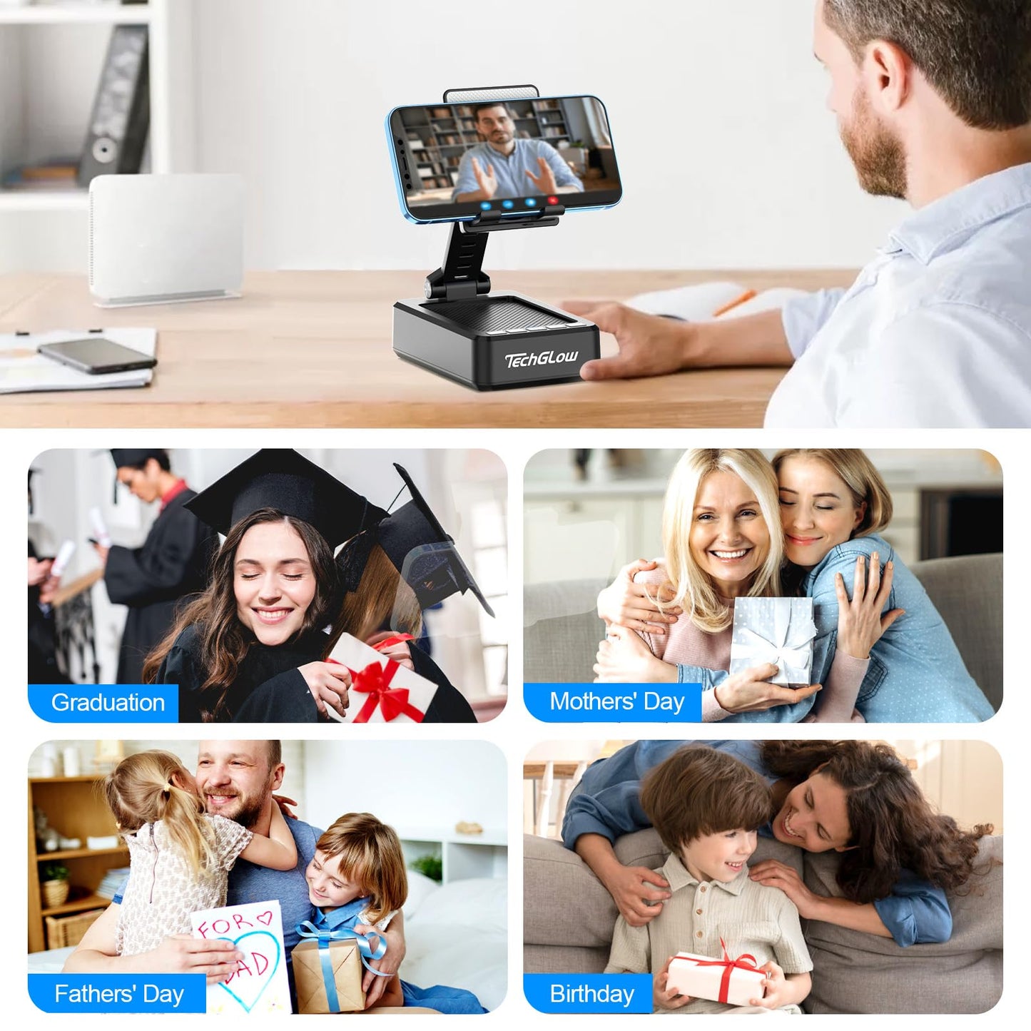 TechGlow Foldable Cellphone Stand with Bluetooth Speaker and Power Bank Birthday Gifts for Men Women Mother Father Boy Girl Teens Cool Tech Gadgets