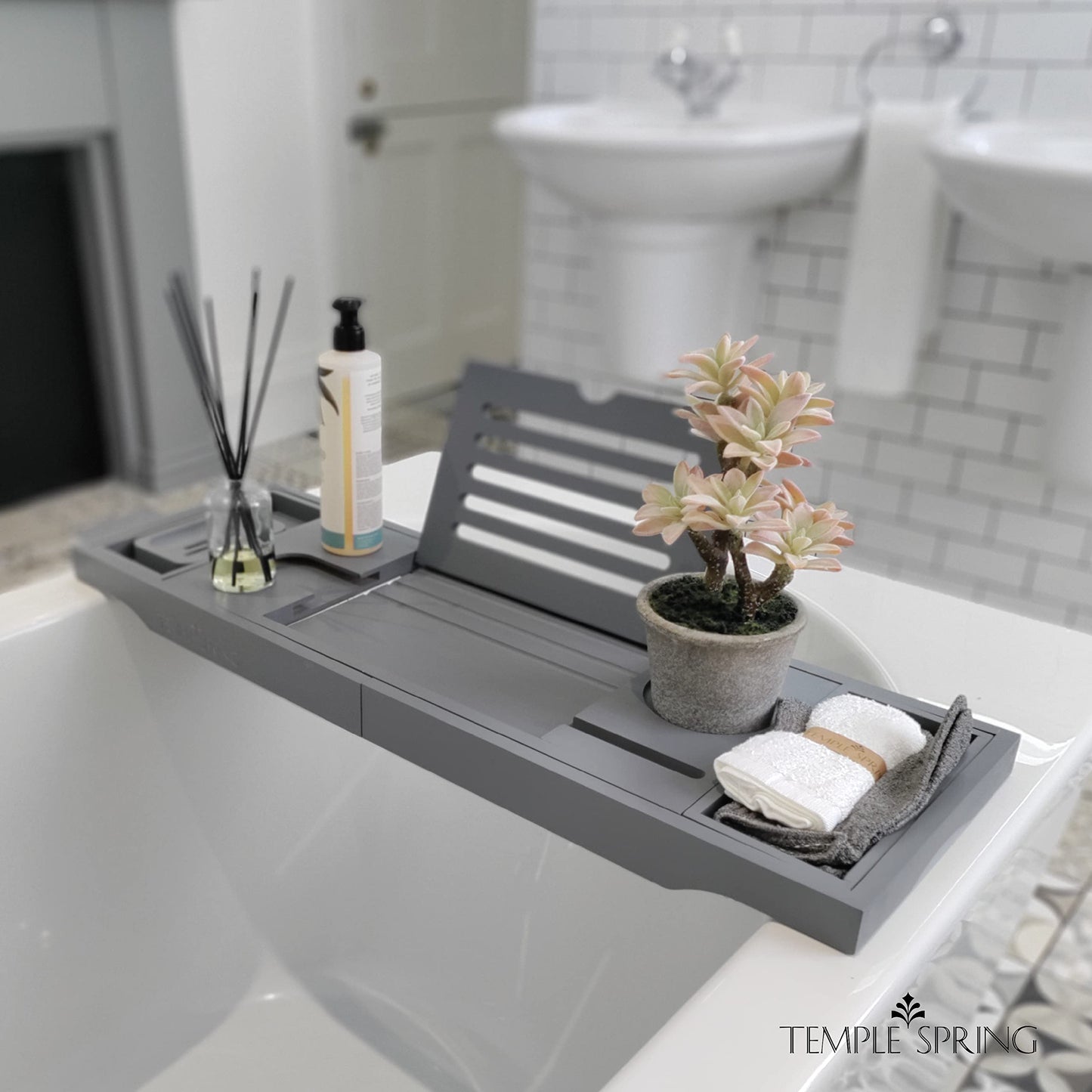 Temple Spring Wooden Bathtub Tray, Bamboo Bathroom Accessories, Bath Tray for Tub, at Home Spa Essentials, Board for Tub Table, Bath Caddy for Bathtub Accessories & Bathroom Essentials – Slate Grey