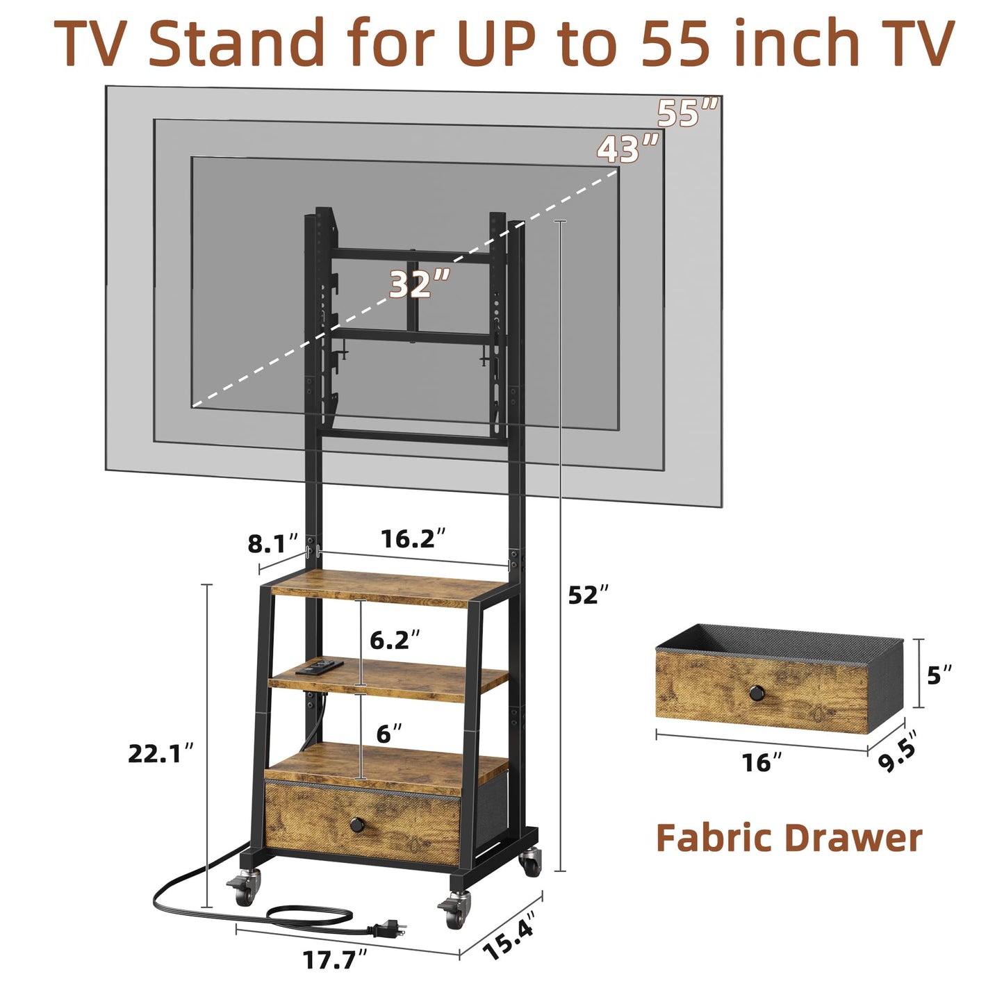 Rolling TV Stand with Wheels and Mount & Fabric Drawer - Entertainment Center with Power Outlet and Small TV Stand for Bedroom, Living Room - 15" Rustic Brown