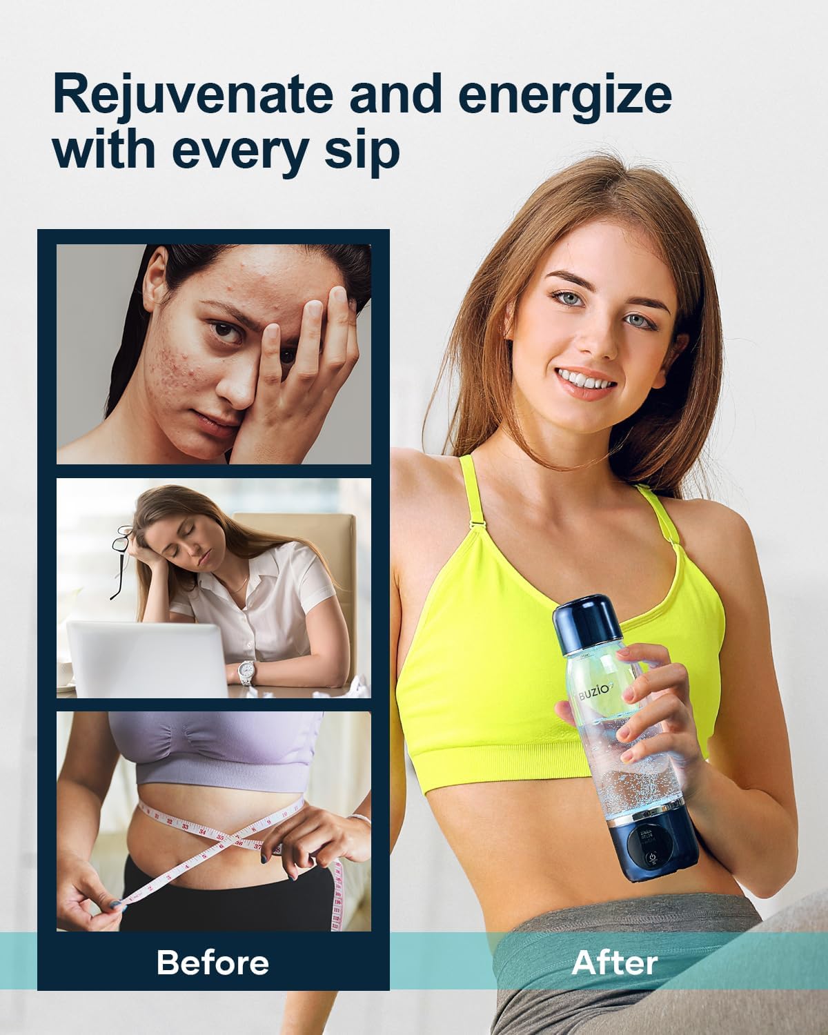 Hydrogen Water Bottle, BUZIO 3800ppb Hydrogen Water Bottles Generator Machine with Gen5 SPE/PEM Technology, Portable Athletic Performance Alkaline Water Bottle, with Dupont Membrane, OLED Display