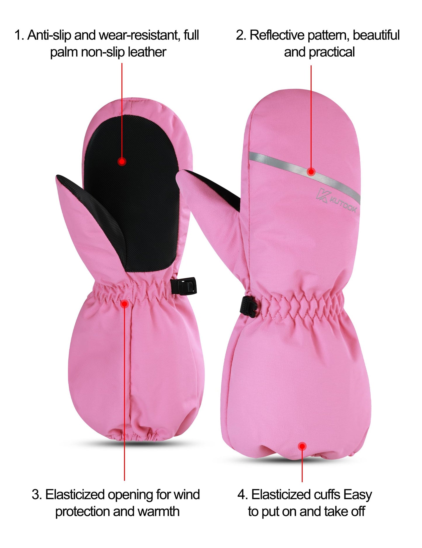 KUTOOK Kids Winter Gloves Boys Ski Mittens Waterproof Winter Kids Ski Gloves Girls Pink S 4-6 years