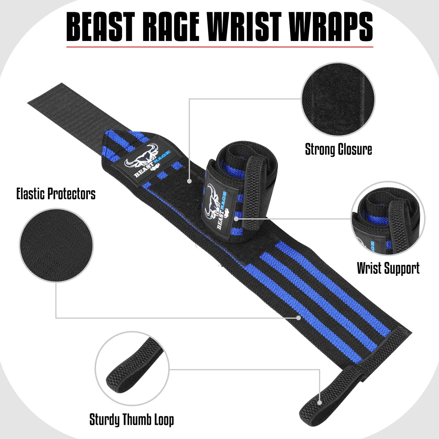 BEAST RAGE® Wrist Wraps for Weightlifting Adjustable Lifting Straps & Wrist Straps with Thumb Loop for Enhanced Gym Support, Wrist Support for Powerlifting, Bodybuilding and Gym workout (Black blue)