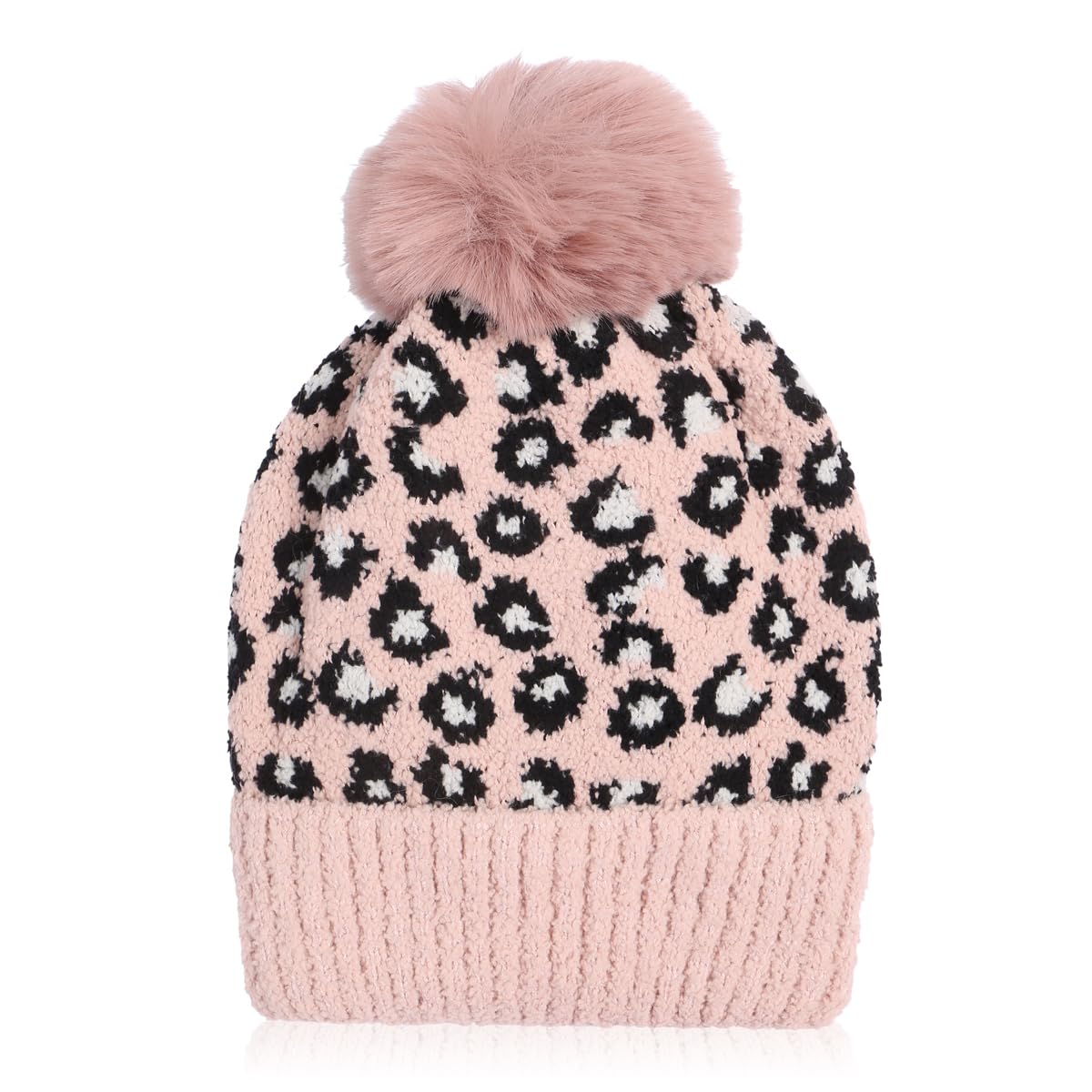 Classic Warm Fall Winter Hat - Soft Warm Foldable Leopard Cuff Ribbed Knit Beanie Detachable, Sweater Wool Cap (Knit Beanie - Leopard Pink)