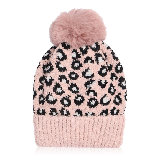 Classic Warm Fall Winter Hat - Soft Warm Foldable Leopard Cuff Ribbed Knit Beanie Detachable, Sweater Wool Cap (Knit Beanie - Leopard Pink)