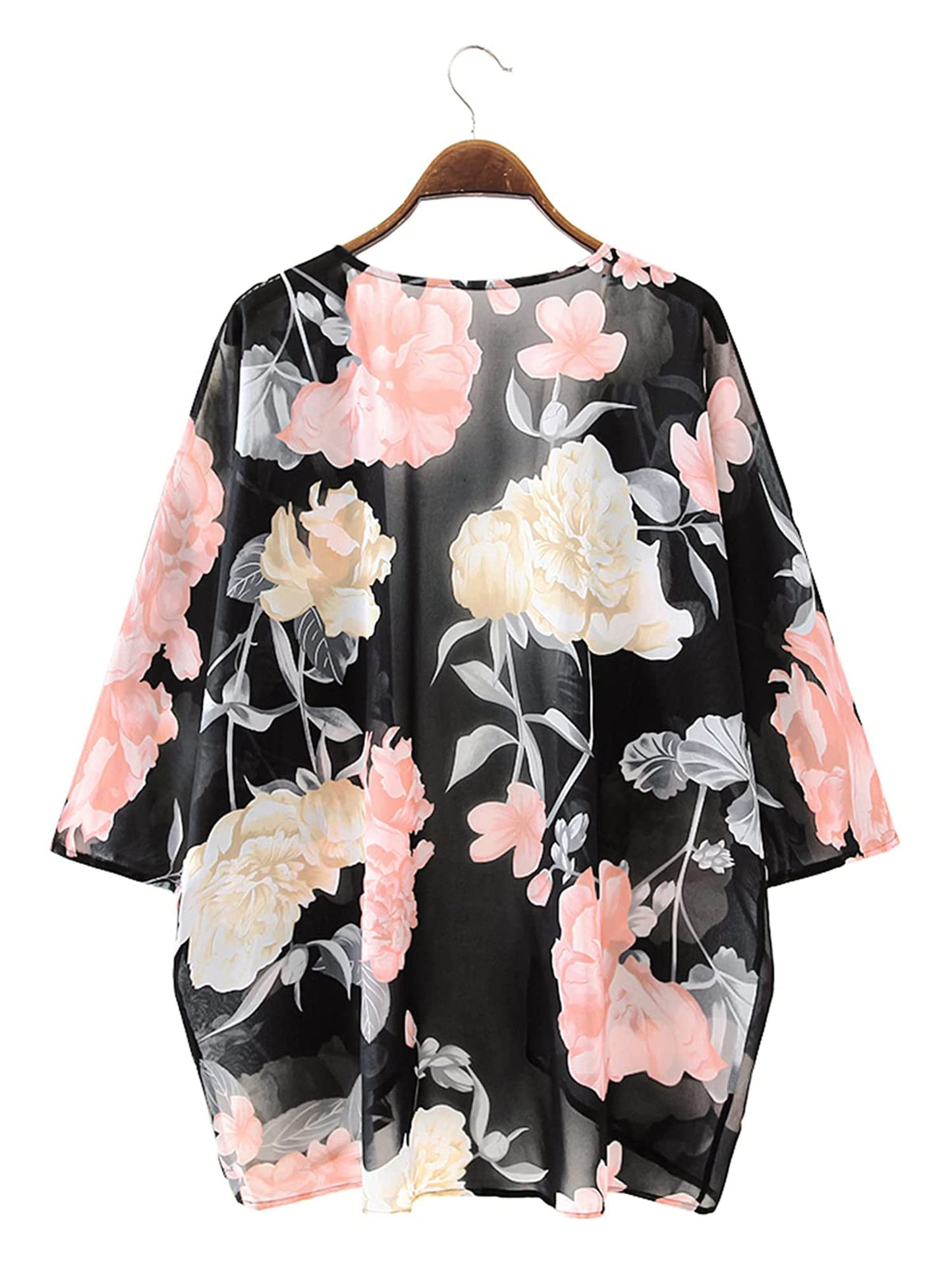 Chunoy Women Casual Summer Floral Print Short Sleeve Chiffon Sheer Kimono Cardigan Open Front Beach Wear Cover Up Black Small
