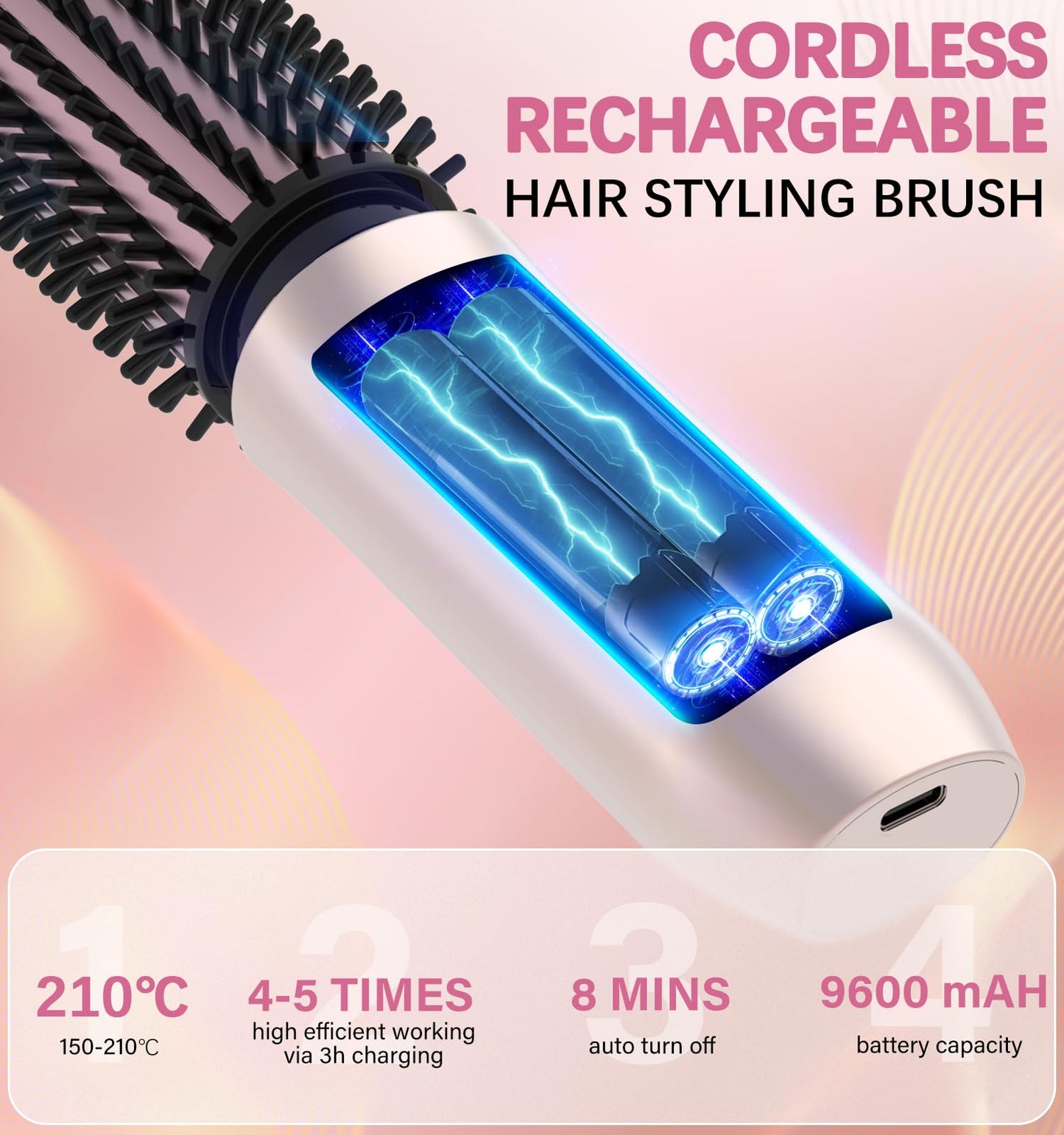 Cordless Hair Curling Iron Brush, Travel Hot Straightener Comb Curl Brush, 3-in-1 Portable Curling Iron Cordless Wand, USB Rechargeable Curling Wand-Blush(Gold)