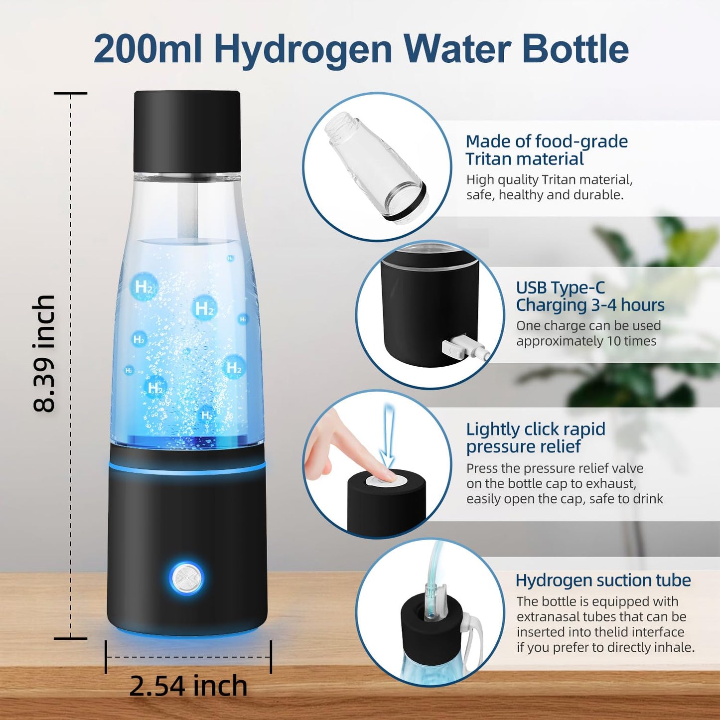 5000PPB Hydrogen Water Bottle Generator 3 in 1 Hydrogen Water Generator Machine with SPE & PEM Technology Portable Hydrogenated Water Bottle Inhalation for Healthy Hydration/Black