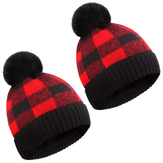 Boyiee 2 Pieces Christmas Red and Black Winter Buffalo Plaid Cuff Beanie Hat Christmas Warm Soft Stretch Pom Pom Hat Thick Chunky Knit Skull Ski Cap for Women Men