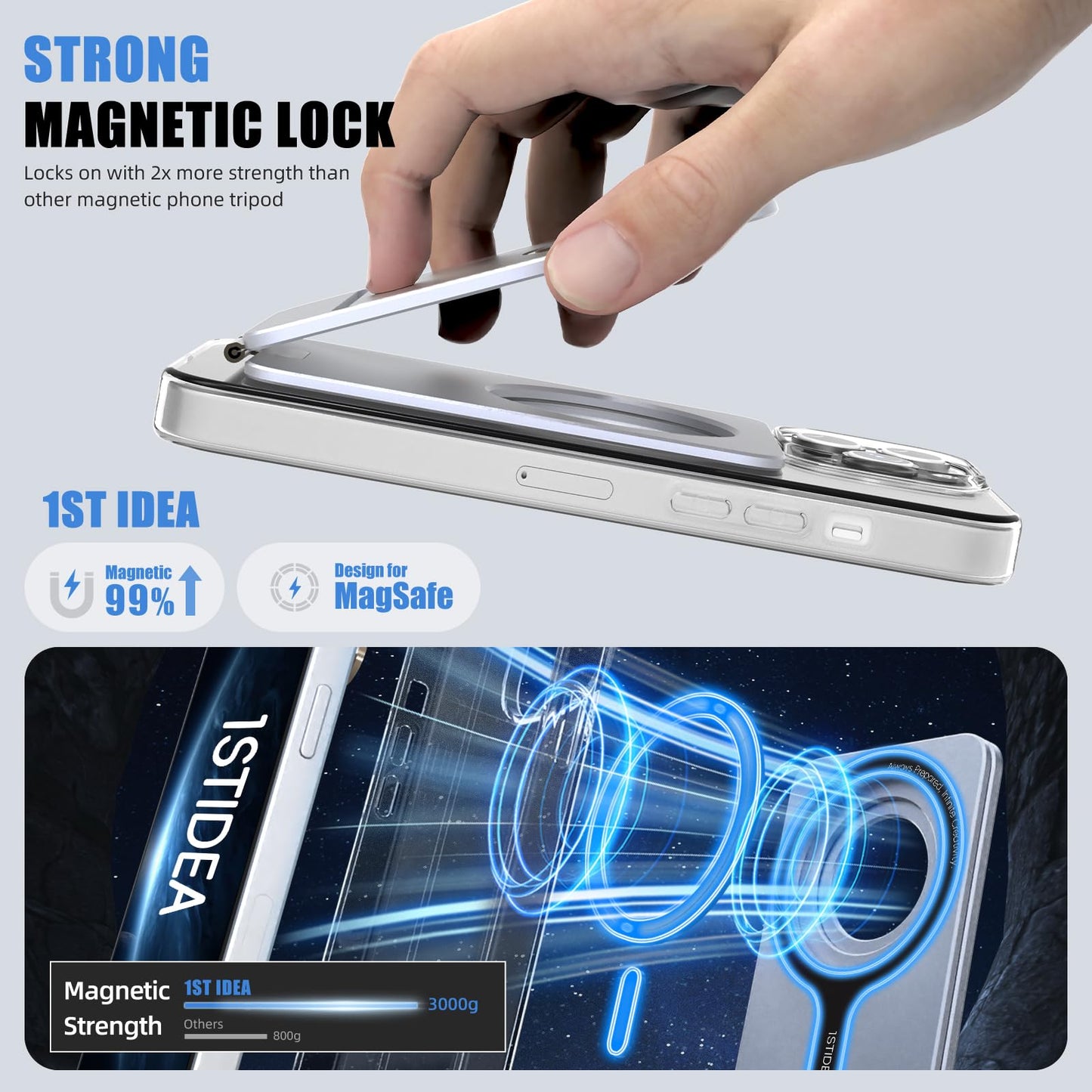 1ST IDEA Phone Tripod Stand, Aluminum Alloy Mini Tripod Compatible with Magsafe iPhone 16/15/14/13/12 Series, Foldable Strong Magnetic Phone Stand, Mult-Angle Adjustment Selfie Stick(Grey)