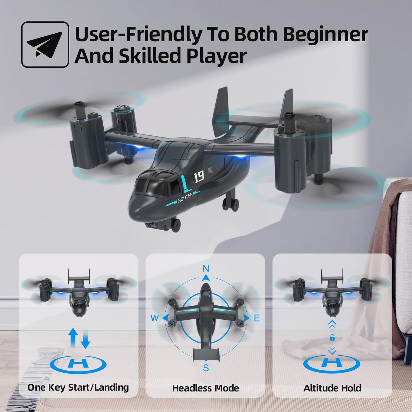 LM19-A Drone with Camera for Beginners, WiFi Live Video Remote Control Drones for Kids 8-12, Easy & Ready to Fly RC Plane, HD RC Quadcopter Gift Toy for Boys, FPV Drones for Adults, 2 Batteries