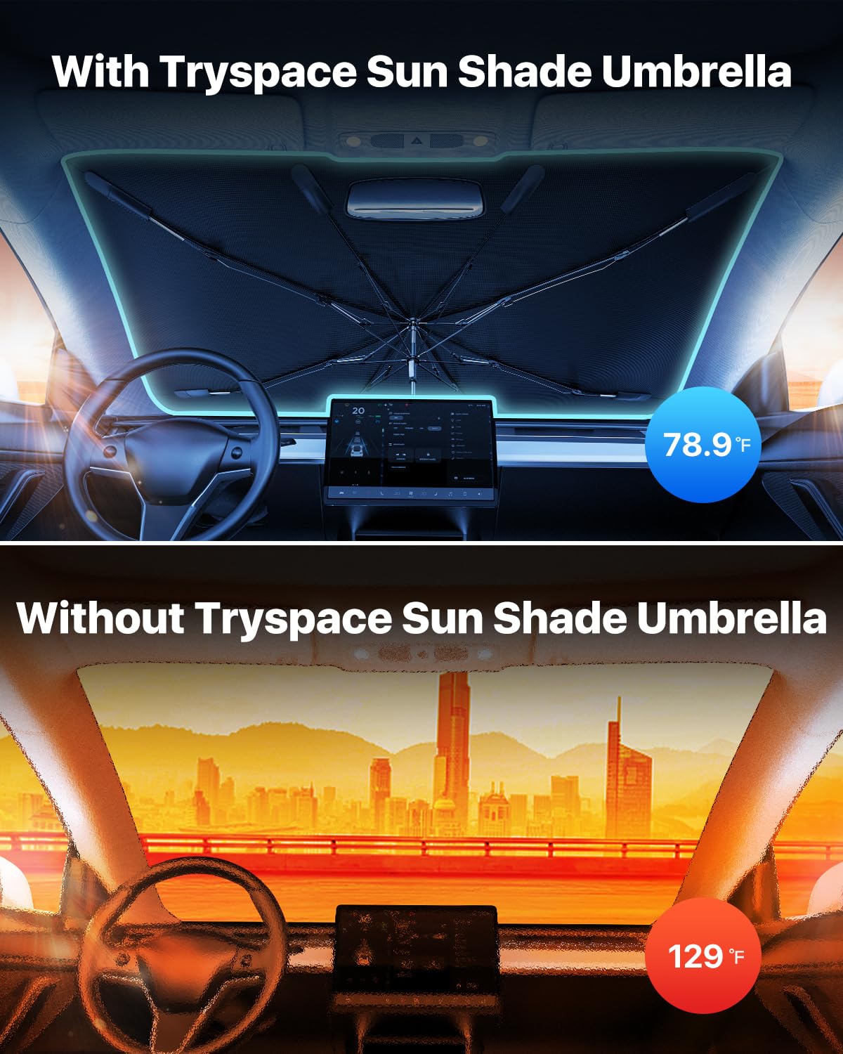 TrySpace Car Windshield Sun Shade Umbrella - [Nano-Ice-Crystal Coatings] Protect Car from Sun Rays & Heat Damage Keep Cool and Protect Interior Medium (56" L x 31" W)