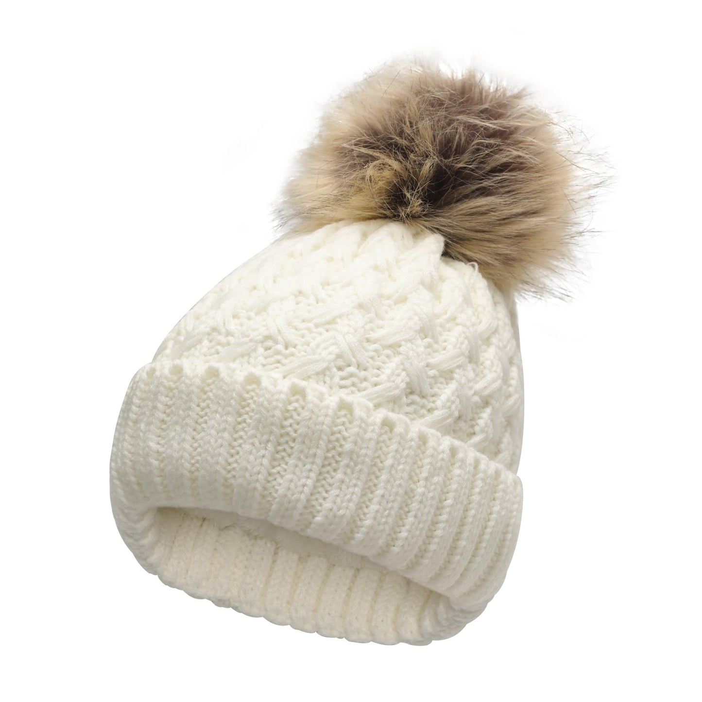 ZLYC Womens Knitted Beanie with Faux Fur Pom Pom Thick Fleece Lined Warm Winter Hat Snow Cap, Solid White