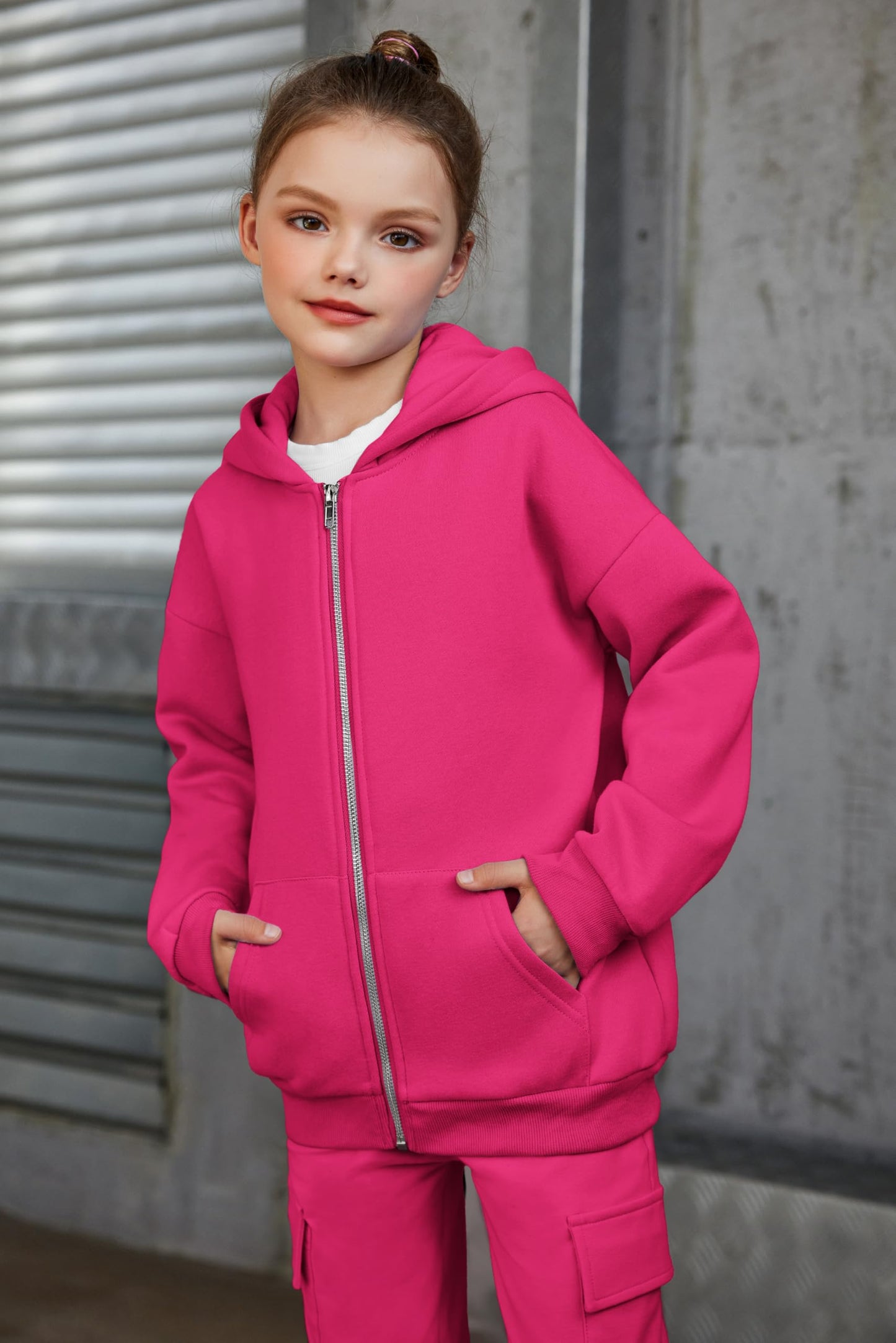 Arshiner Tween Girls Fuzzy Zipper Hoodie Sweatshirt Pink Winter Basic Jacket With Kangaroo Pocket for 12-13 Years