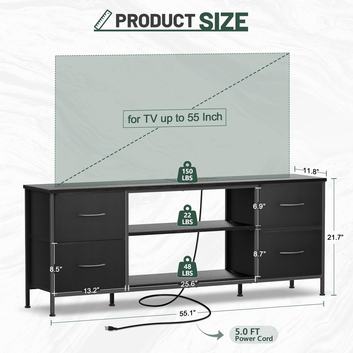 Sonharlar TV Stand for Bedroom, Television Stand for TV up to 55 Inch Entertainment Center Dresser with 4 Drawers Open Storage Shelves for Living Room, Entryway (Black and Charcoal Black)