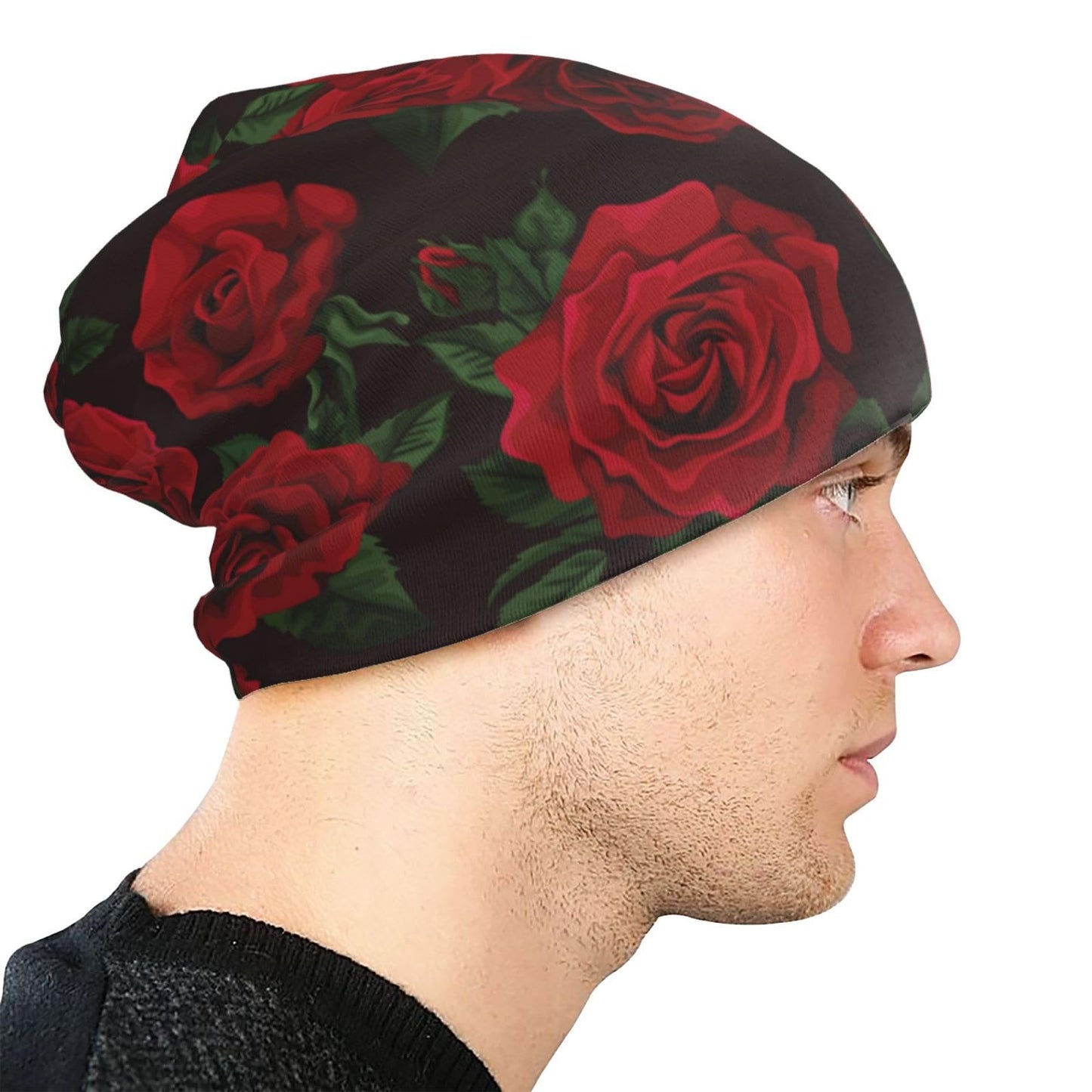Red Rose Trendy Floral Beanie Hat Slouchy Cap Warm Cancer Headwear Stretch Knitted Hats for Women Men