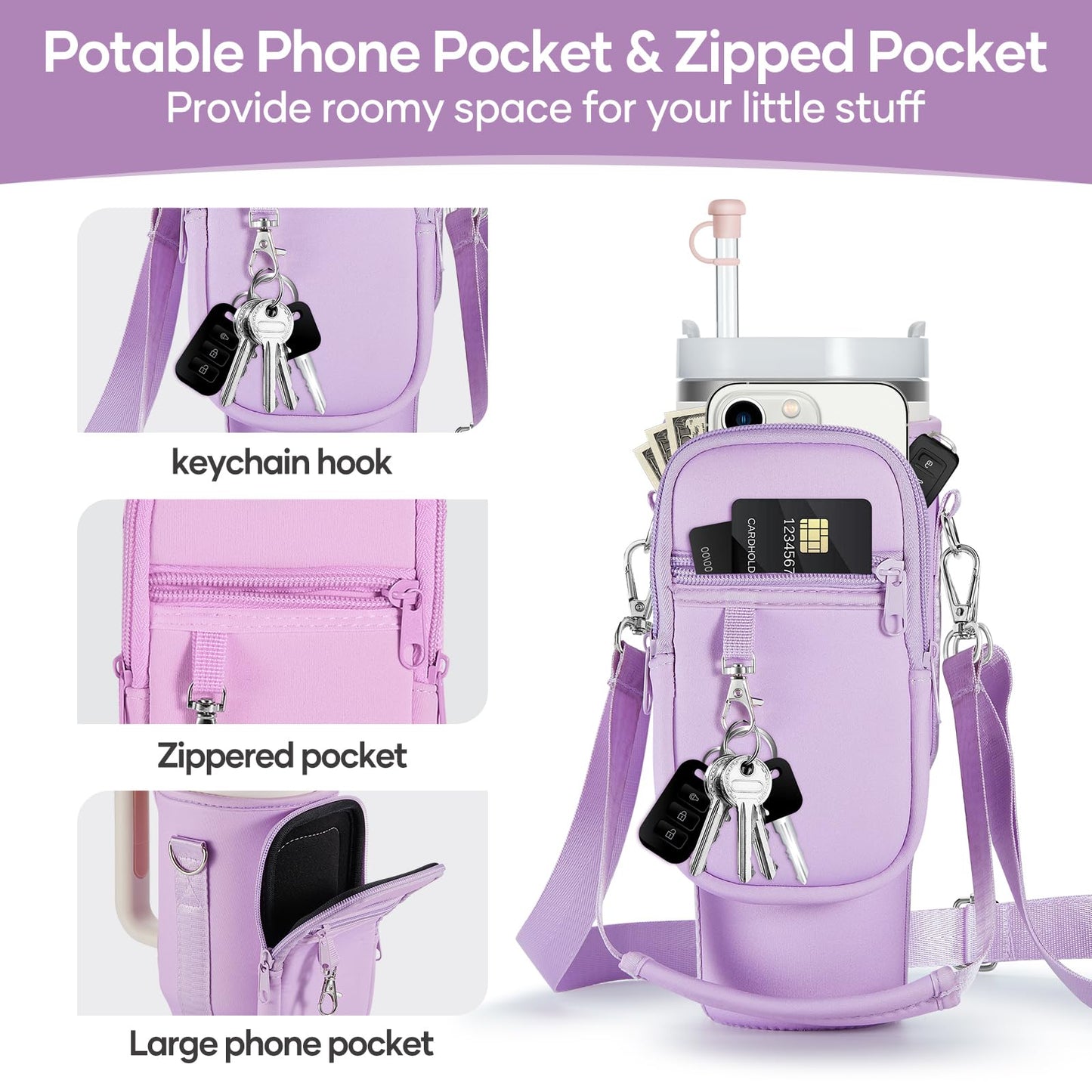 linmaya Water Bottle Carrier Bag with Phone Pocket for Stanley 40/30 oz Tumbler Neoprene Water Bottle Holder Pouch with 2 Adjustable Strap & 3 Leak Stoppers for Stanley Cup Accessories