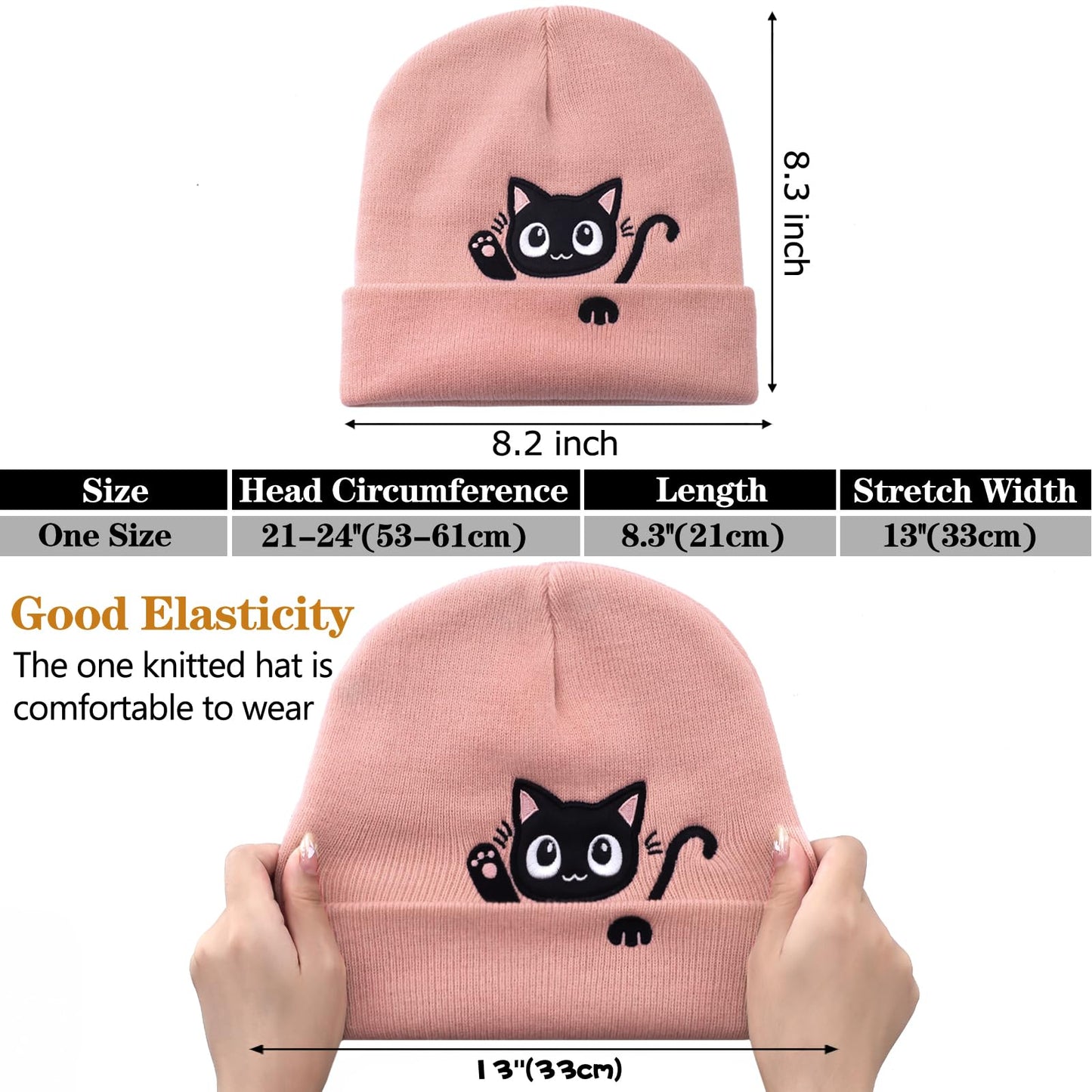 Cat Beanie Hats for Women Cute Cat Lovers Gifts Women's Winter Animal Knitted Hats for Girls (US, Alpha, One Size, Black)