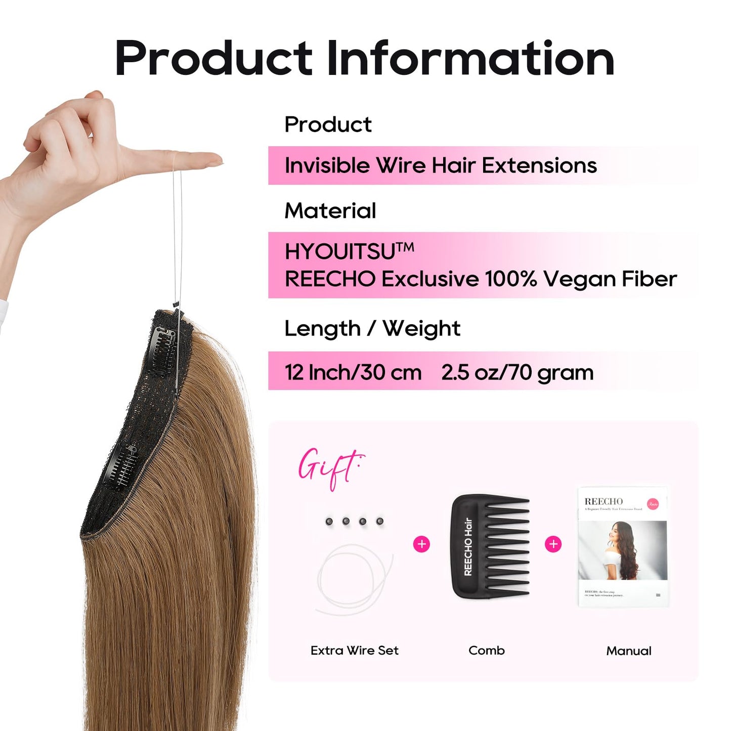 REECHO 12" Invisible Wire Hair Extensions with Thinner Softer Lace Weft Adjustable Size Removable Secure Clips in Short Straight Secret Hairpiece for Women - Light Brown