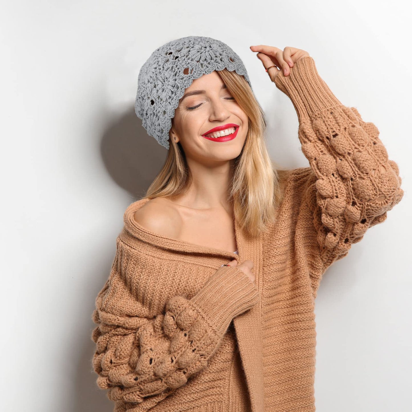 2 Pieces Floral Crochet Slouchy Beanie Hat Handmade Knit Cutout Women Floral Skull Cap Stretchy Knitted Crochet Hat for Women (Beige, Gray)