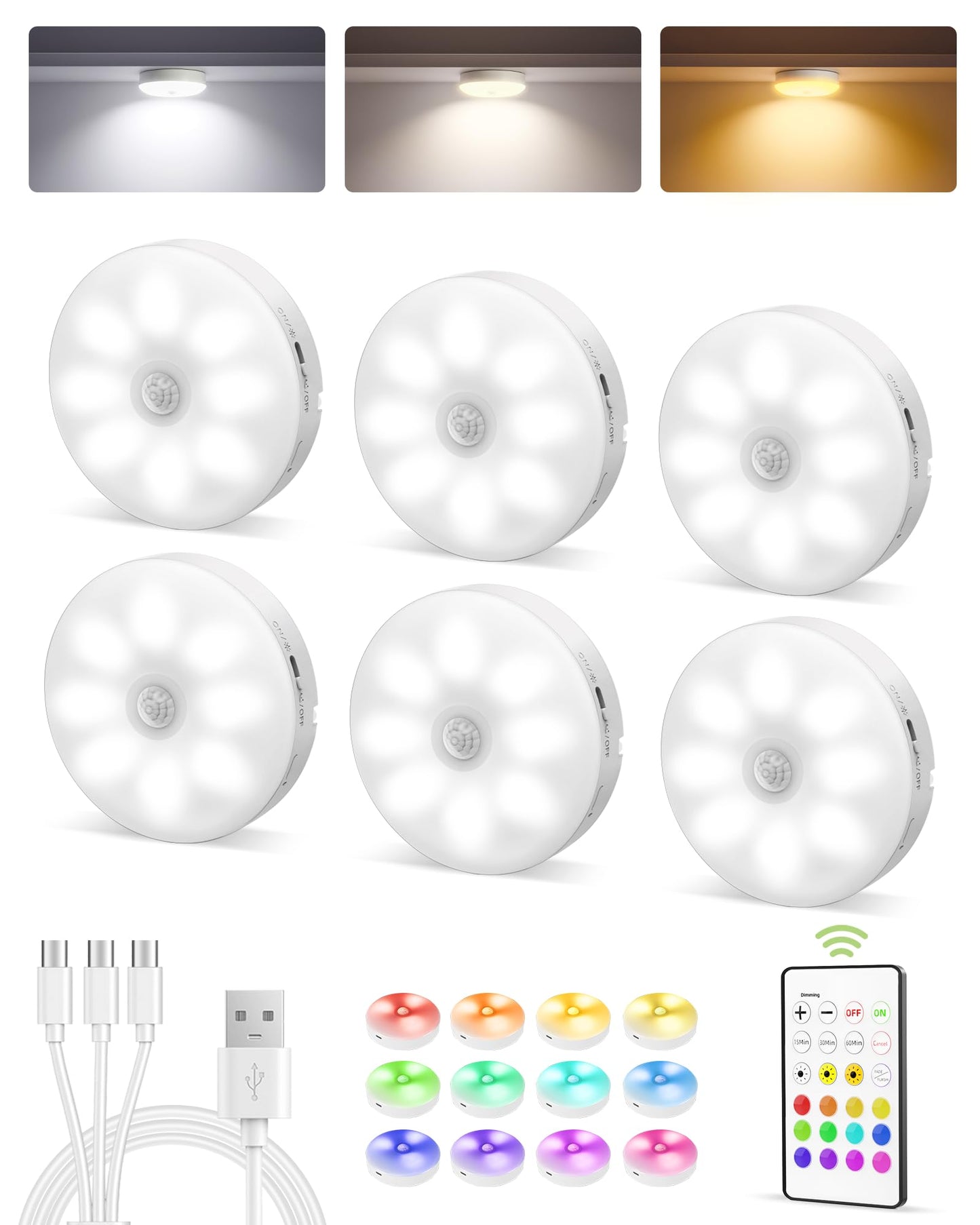 EZVALO 6-Pack Under Cabinet Lighting, Rechargeable Motion Sensor Puck Lights with Remote, 3 Color Temps &12 RG Colors, Magnetic Stick on Light, Dimmable Under Counter Lights for Kitchen, Shelf, Stair