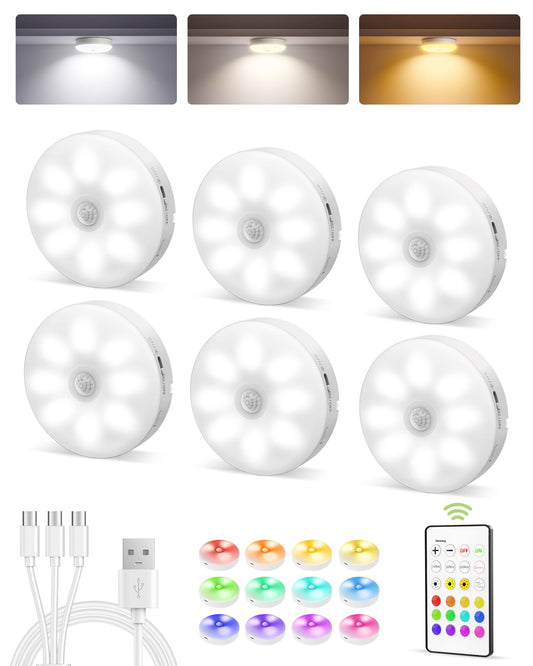 EZVALO 6-Pack Under Cabinet Lighting, Rechargeable Motion Sensor Puck Lights with Remote, 3 Color Temps &12 RG Colors, Magnetic Stick on Light, Dimmable Under Counter Lights for Kitchen, Shelf, Stair