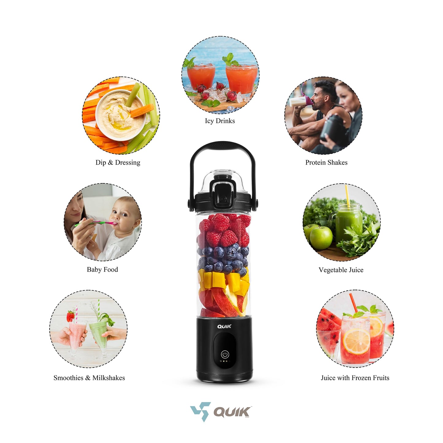 QUIK Portable Blender - Cordless 24oz. Personal Blender for Shakes and Smoothies, Licuadora, BPA Free - Ice Crush, Dishwasher safe parts, Waterproof, Triple Batteries, Juicer Cup, Black