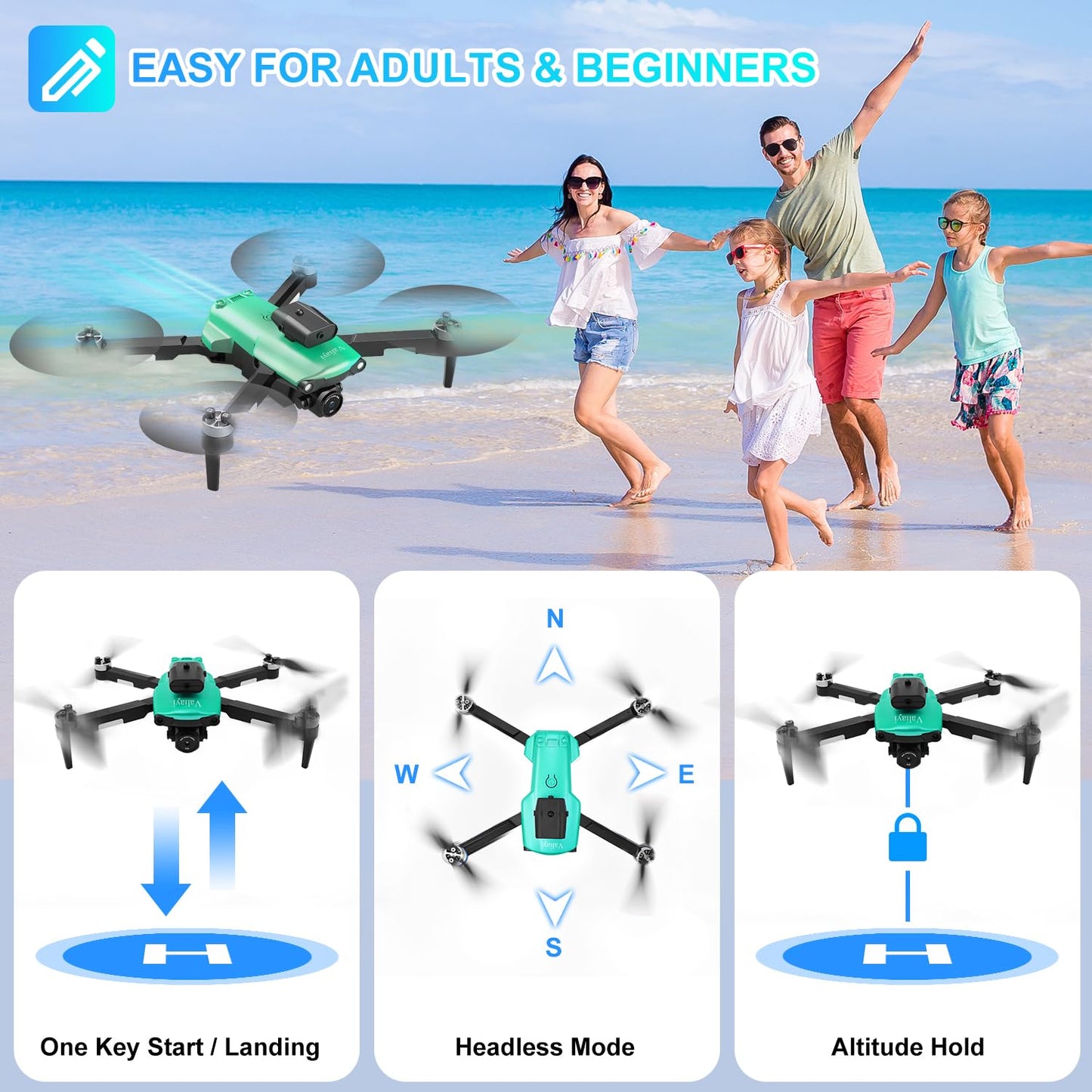 Drone with Camera for Adults,Mini Drone with Brushless Motor,2 Batteries,One Key Take Off/Land,360 Flips, Waypoint Fly, Altitude Hold,Foldable Drones for Beginners (Green, 1)