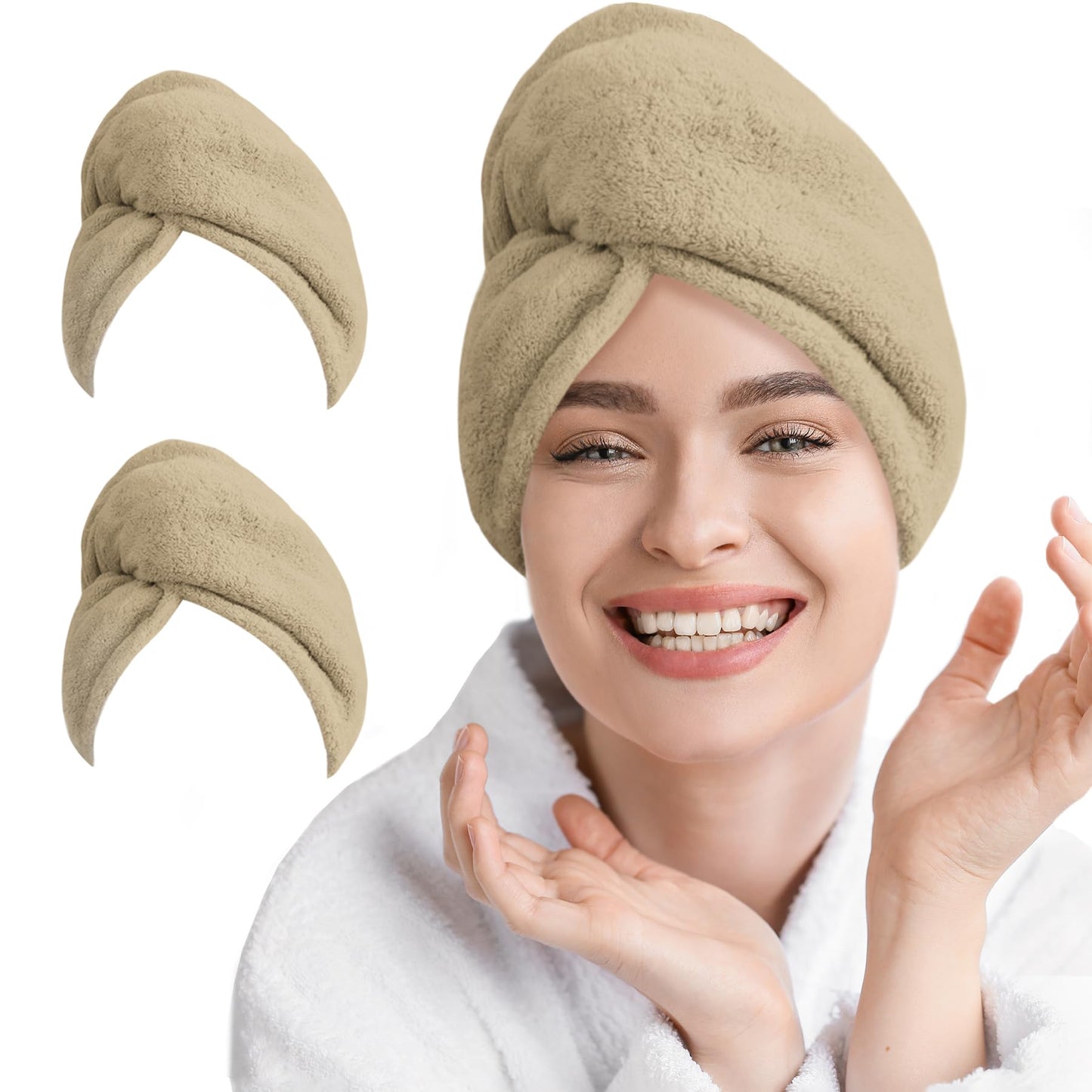AGLIFEFY 2 Pack Microfiber Hair Towel Wrap for Women Super Absorbent Quick Dry Hair Turban for Drying Curly, Long & Thick Hair 10 inch X 26 inch Khaki+Khaki