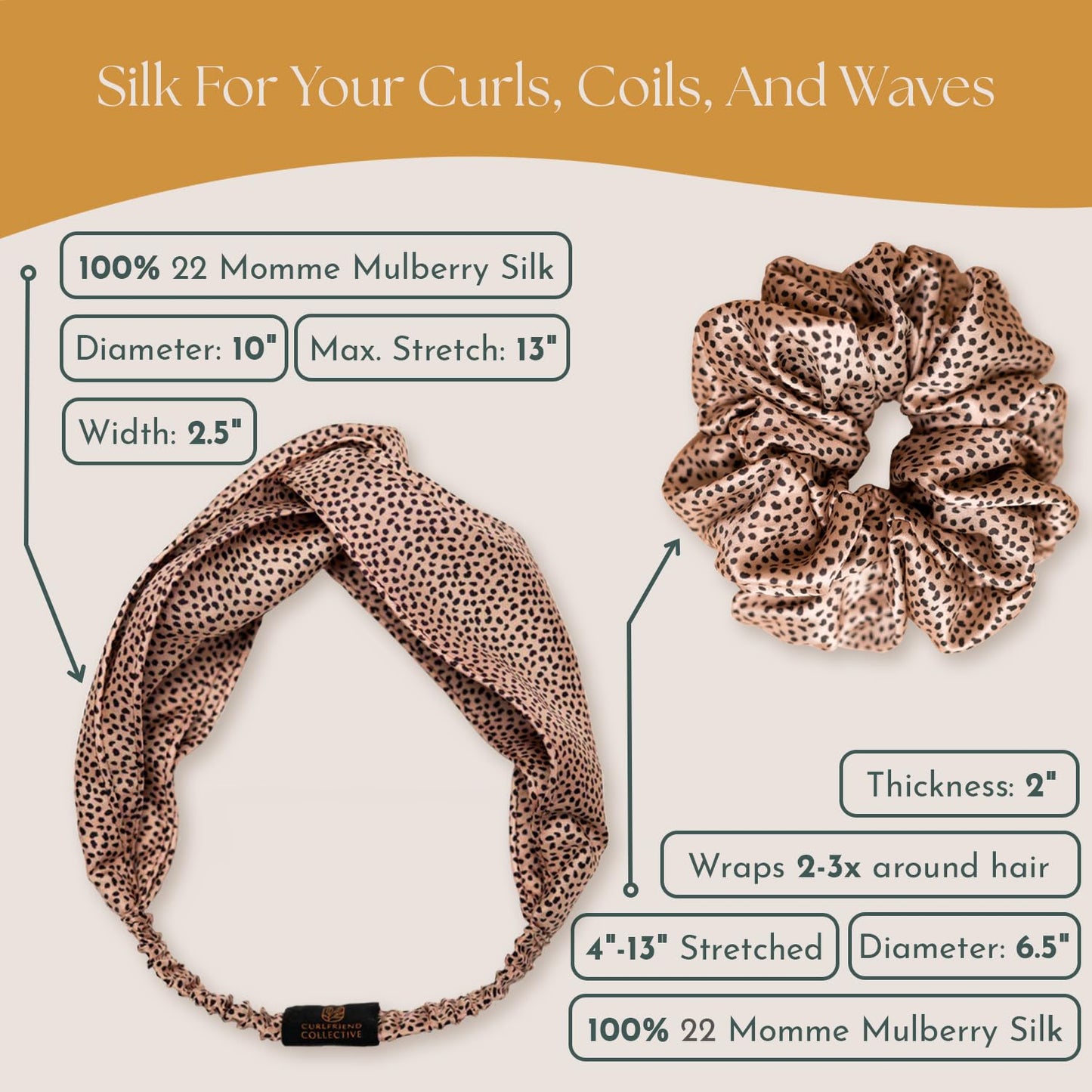 Real Mulberry Silk Scrunchie & Headband Bundle | Extra Large Silk Scrunchie & Elastic Silky Head Band for Thick, Curly Hair | (Leopard Cheetah)