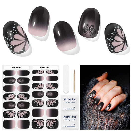 DUKASOU Semi Cured Gel Nail Strips, Dark Butterfly | 28 pcs Gel Nail Strips Work with Any UV Lamp, Salon Quality UV Gel Nail Stickers, Easy to Apply for Home Nails DIY