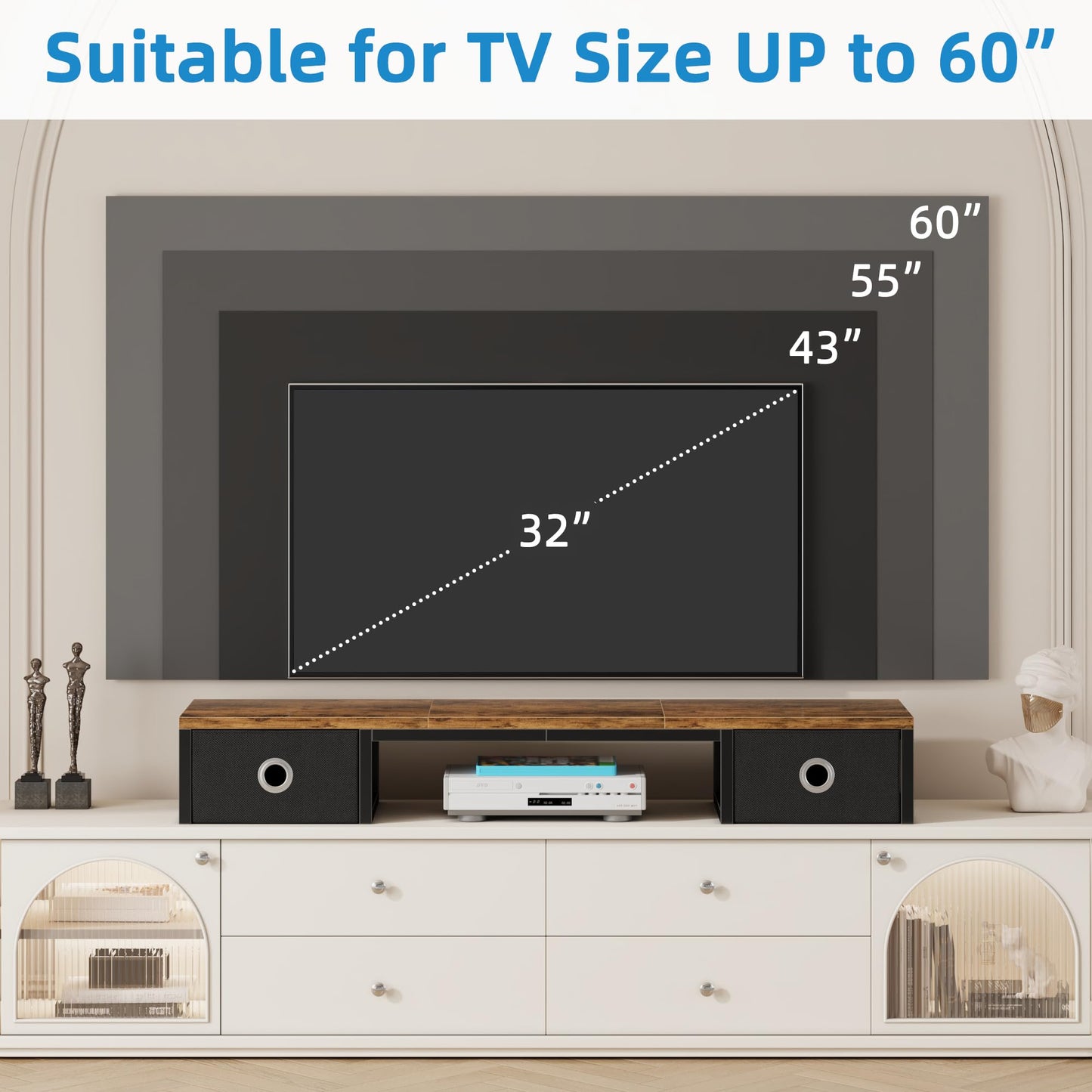 YAOHUOO 45" Large TV Riser with Fabric Drawers for 32-60 inch TV, TV Stand Riser with Steel Legs, Tabletop TV Riser Shelf, Monitor Stand Riser for Home Office, Rustic Brown