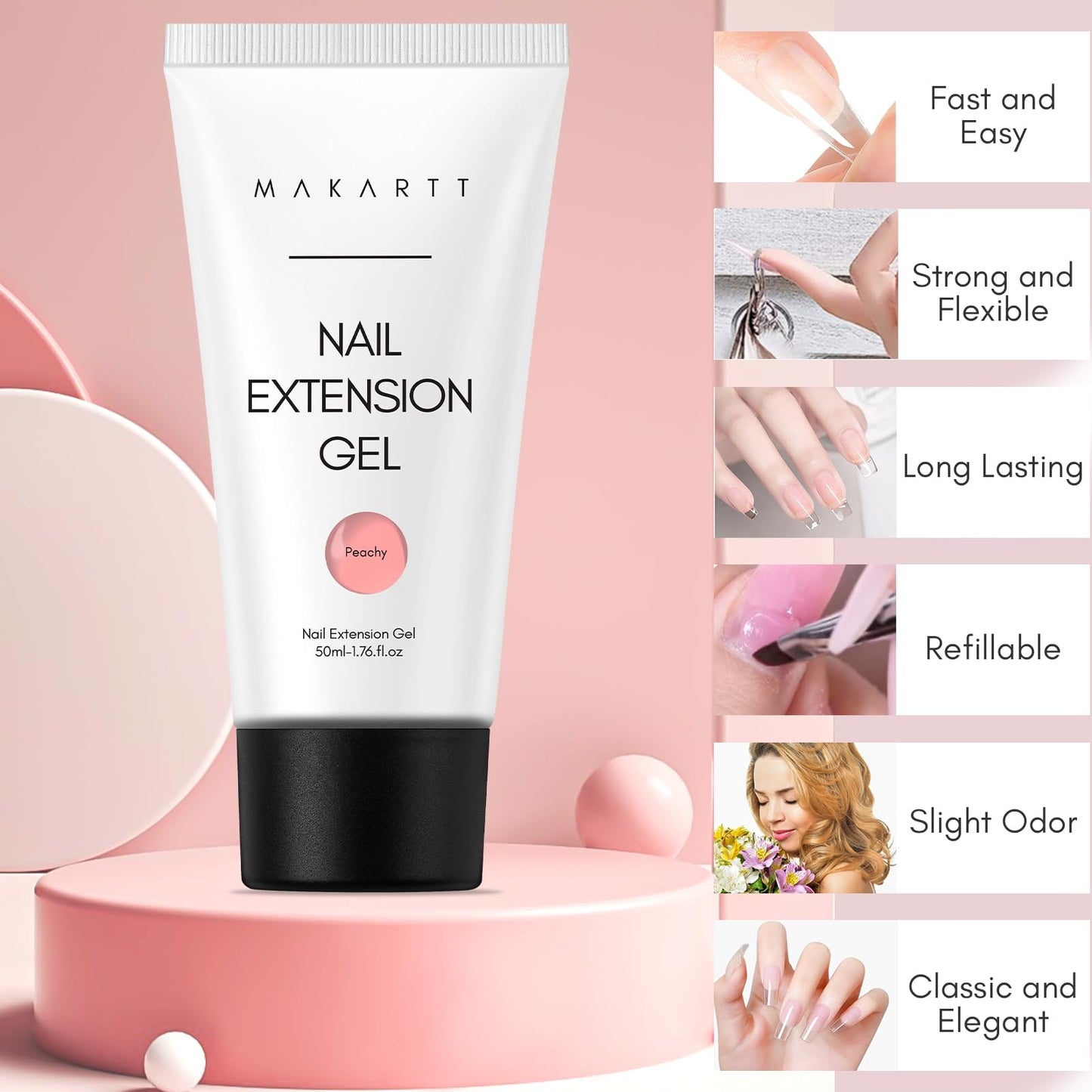 Makartt Poly Nail Gel：Builder for Extension and Strengthener, Tender Nude Pink, 50 ML, Strong and Half Solid Texture, Long-Lasting and Easy to Use Manicure Supplies-Peachy