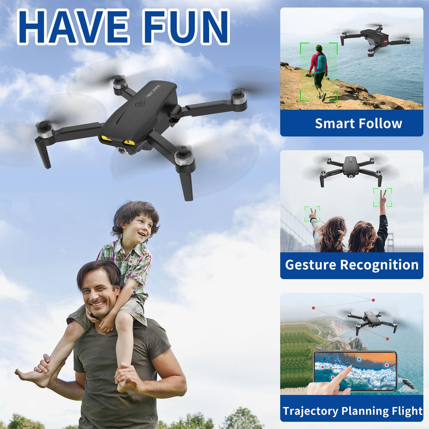 B-Qtech LM12 Brushless Motor Drone With Camera for Kids Beginner, RC Foldable FPV WiFi Live Transmission Drone with 2 Batteries Gesture Operation, Smart Follow, Headless Mode, Auto return, Christmas