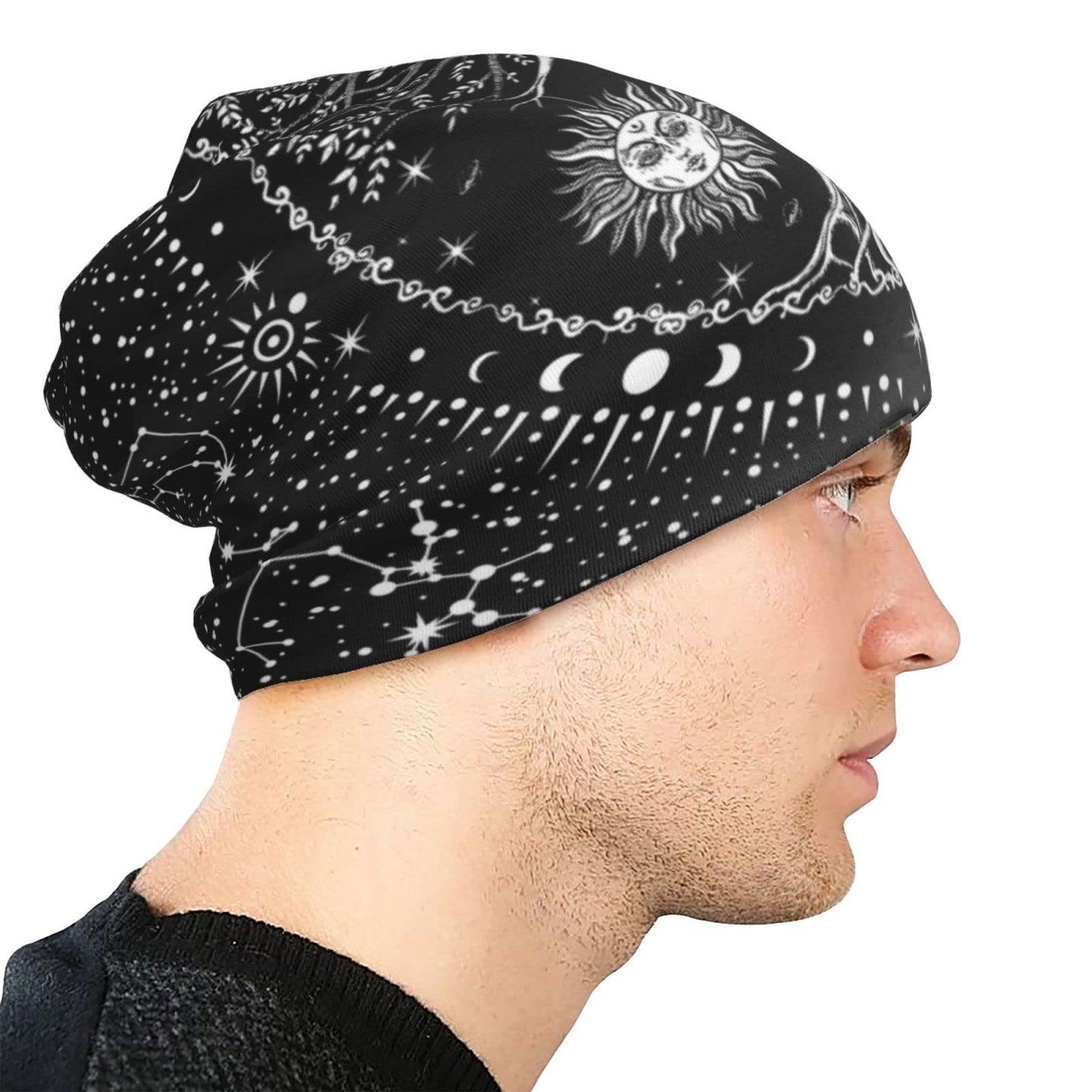 Tree of Life Black and White Star Night Sky Black Aesthetic Knit Hat Slouchy Skull Cap Beanie Hat for Men Women Gifts