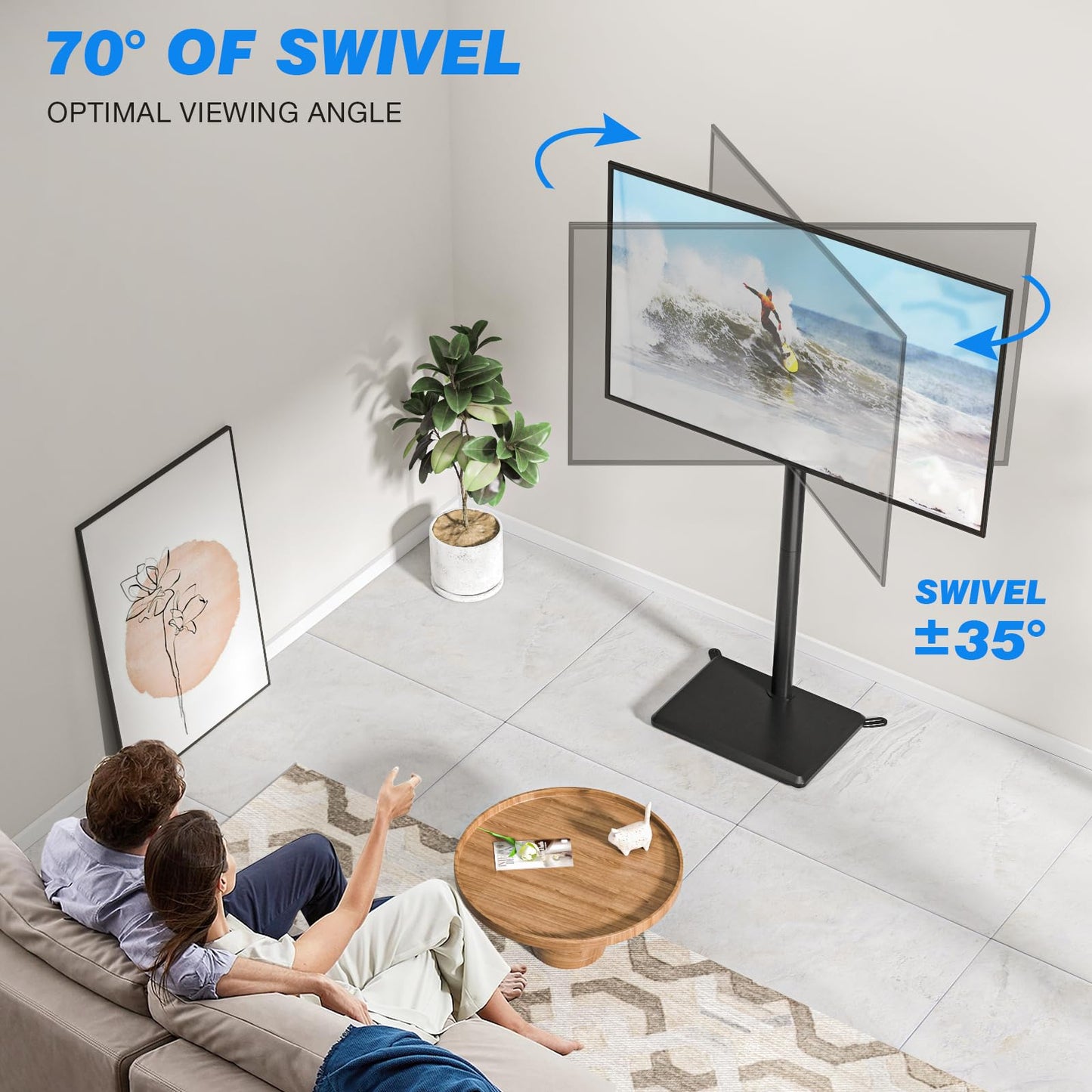 Rfiver Swivel Floor TV Stand with Mount for 32-60 inch TVs up to 88 lbs, Height Adjustable Tall TV Stand with Wood Base, Saving Space Design for Bedroom, Living Room and Corner, Max VESA 400x400mm