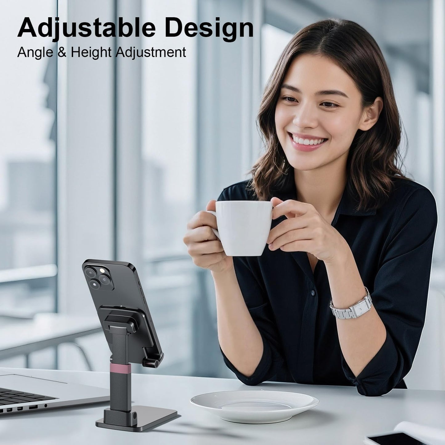 Phone Stand for Desk, Cell Phone Holder Adjustable Cellphone Stand for Desk Height Angle Adjustable Stands, Anti-Slip Base, Compact Design for iPhone Android Devices,Black