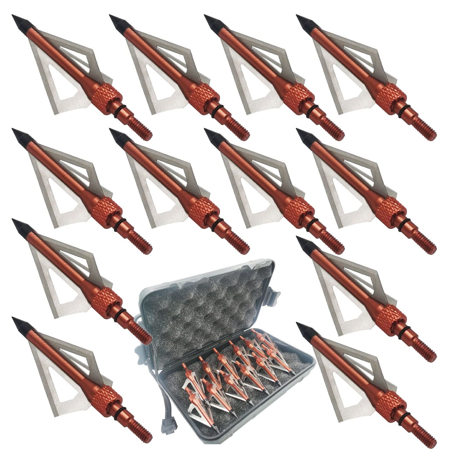 LeeMui Hunting Broadheads 12PK 100 Grains Screw-in Arrow Archery 3 Blades Hunting Heads Arrow Tips Compatible with Crossbow and Compound Bow + 1 PK Broadhead Storage Case (Brown)