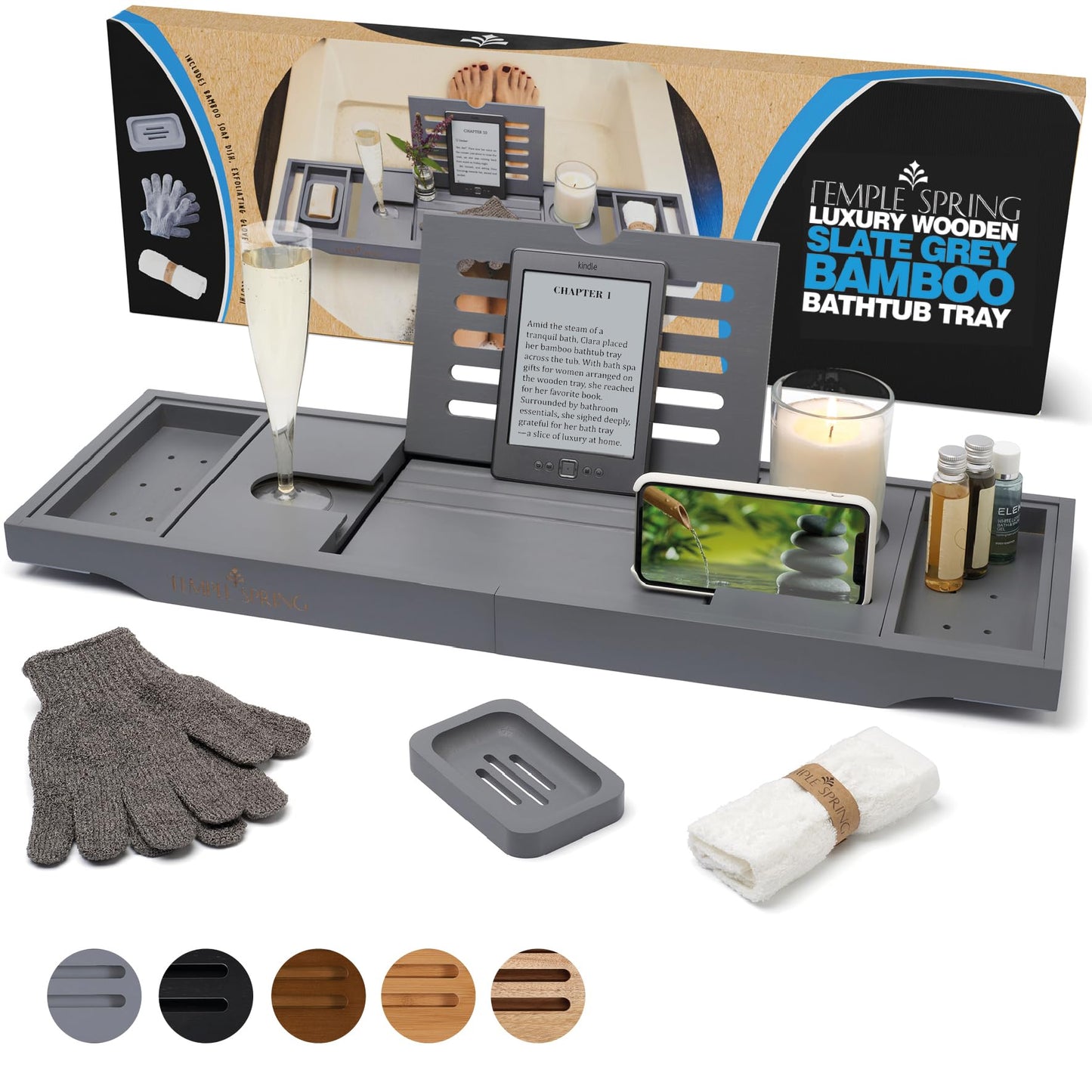 Temple Spring Wooden Bathtub Tray, Bamboo Bathroom Accessories, Bath Tray for Tub, at Home Spa Essentials, Board for Tub Table, Bath Caddy for Bathtub Accessories & Bathroom Essentials – Slate Grey