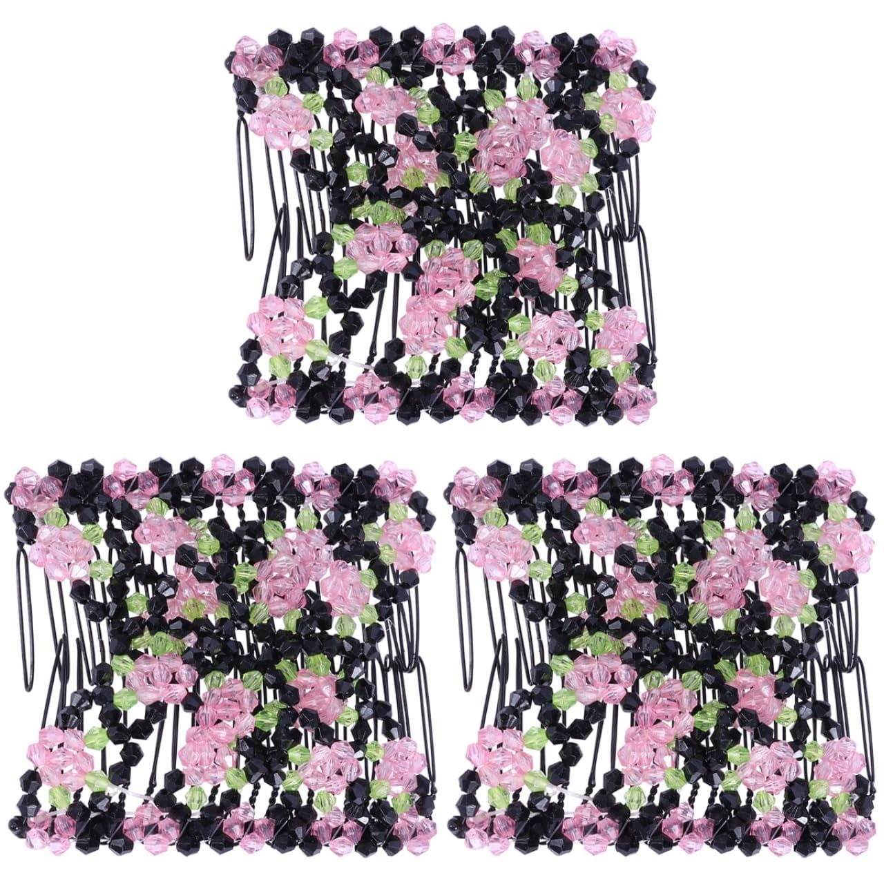 LALAFINA 3pcs Double Clips Hair Combs Adjustable Elastic Hair Clips Stretch Beaded Hair Combs Pink Rose Shaped Hair Accessories for Women Girls