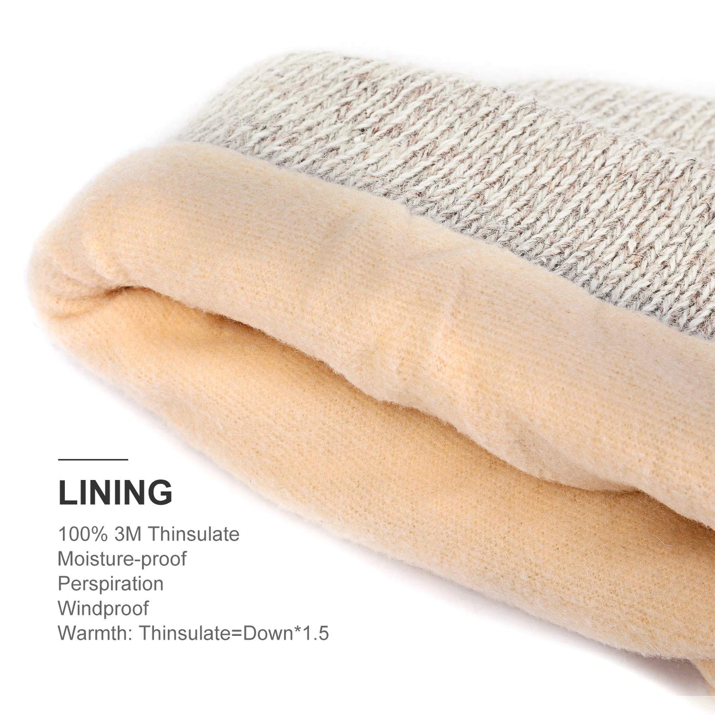 Thinsulate Inner -5℉ Warm Cuffed Beanie Thermal Insulation Thick Men Women Adult Winter Hat Wool Acrylic Knit Soft Cold Wearther Cap Beige One Size