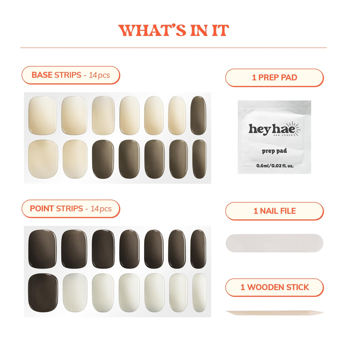 Heyhae Semi Cured Gel Nail Strips | Sun Cured Wraps No LED Lamp Needed - Easy Apply & Remove | Includes 28 Strips, 1 Prep Pad, 1 Nail File & 1 Wooden Stick - Hey, Spill The Tea